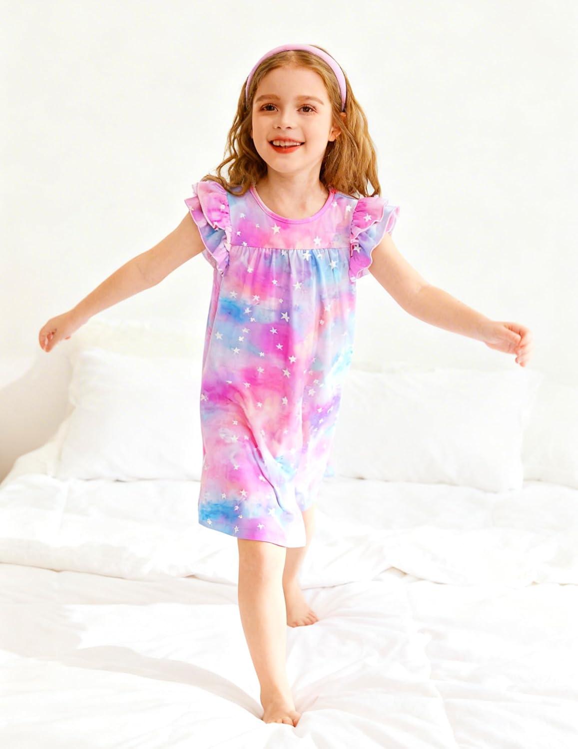 image:imageArshiner Girls Nightgowns Cute Ruffle Short Sleeves Princess Pajamas Nightdress SleepwearTiedye Stars