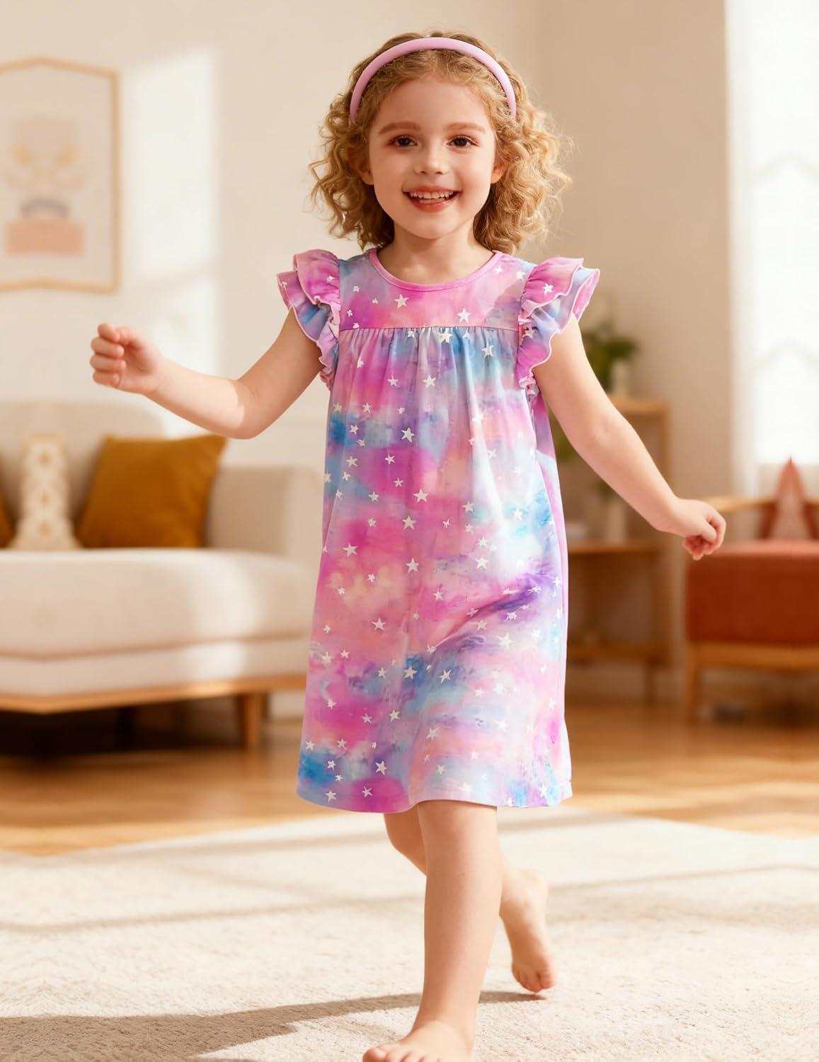 image:imageArshiner Girls Nightgowns Cute Ruffle Short Sleeves Princess Pajamas Nightdress SleepwearTiedye Stars