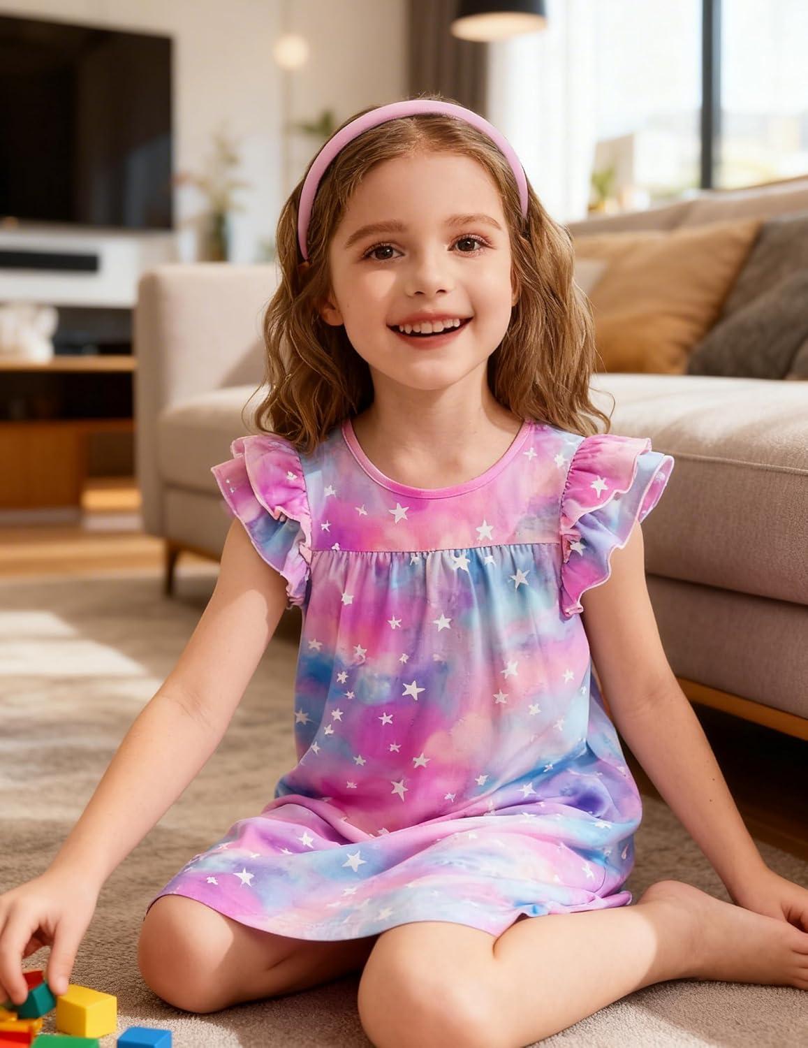 image:imageArshiner Girls Nightgowns Cute Ruffle Short Sleeves Princess Pajamas Nightdress SleepwearTiedye Stars