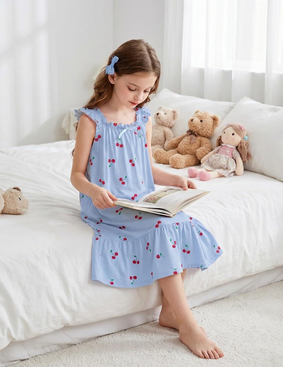 image:imageArshiner Girls Nightgowns Pajama Dress Cute Ruffle Sleepwear Soft Night GownsBlue Cherry