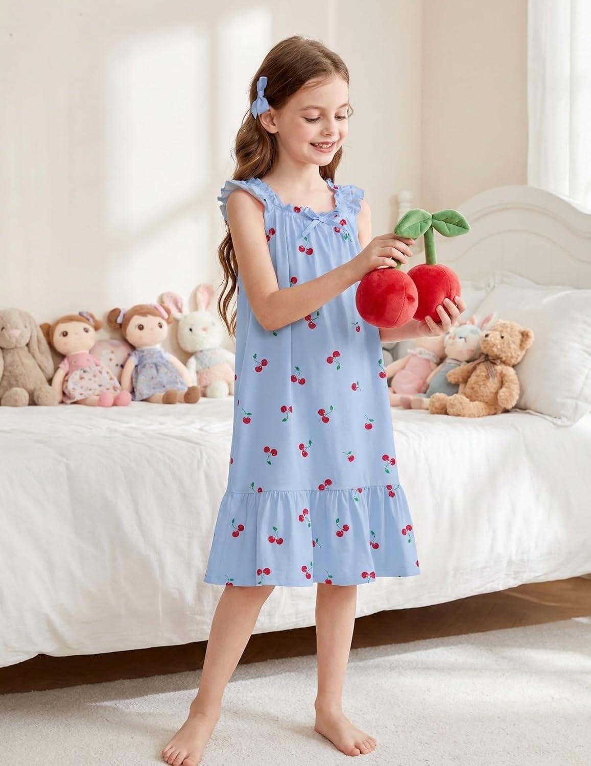 image:imageArshiner Girls Nightgowns Pajama Dress Cute Ruffle Sleepwear Soft Night GownsBlue Cherry
