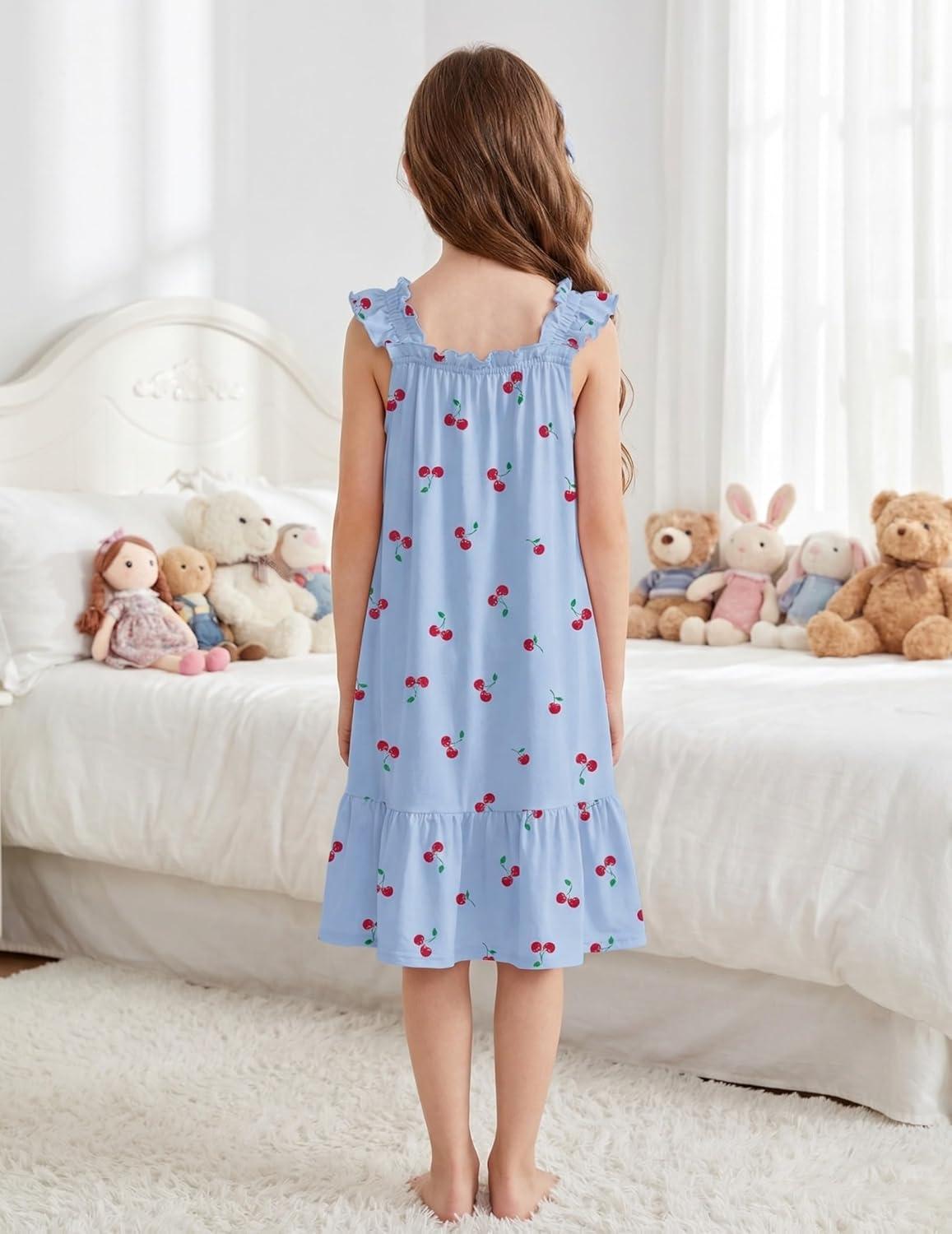 image:imageArshiner Girls Nightgowns Pajama Dress Cute Ruffle Sleepwear Soft Night GownsBlue Cherry
