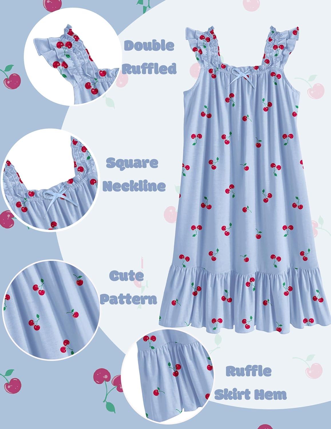 image:imageArshiner Girls Nightgowns Pajama Dress Cute Ruffle Sleepwear Soft Night GownsBlue Cherry