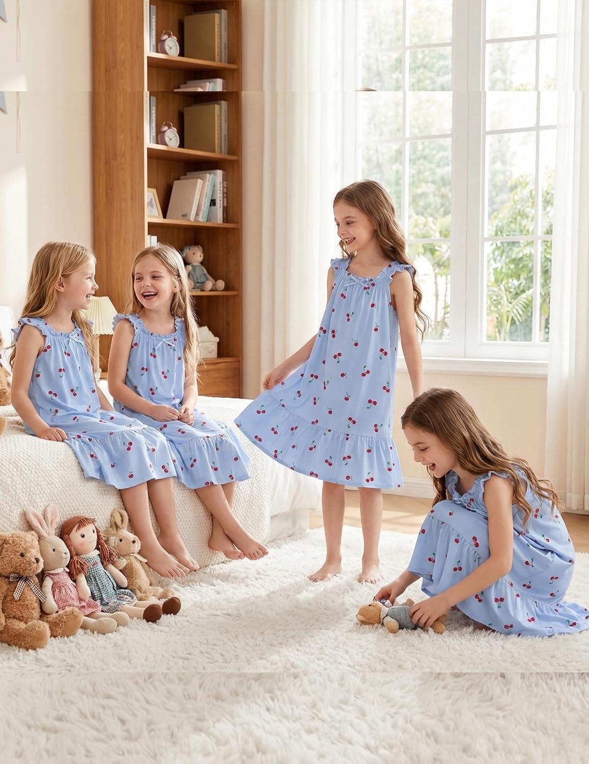image:imageArshiner Girls Nightgowns Pajama Dress Cute Ruffle Sleepwear Soft Night GownsBlue Cherry
