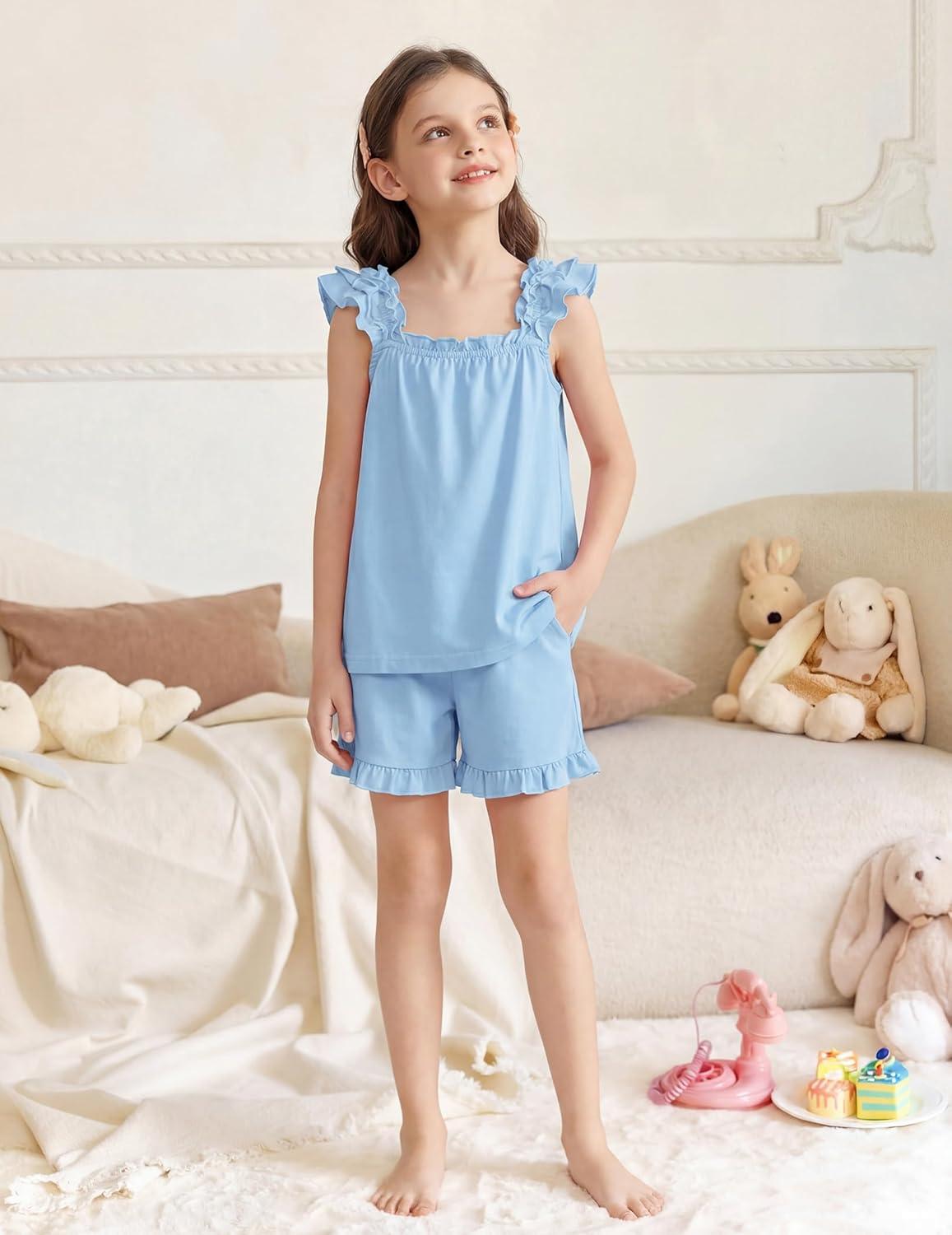 image:imageArshiner Girls Pajamas Ruffle Tank Top and Shorts Sets Soft Cute 2 Piece Sleepwear for KidsBlue