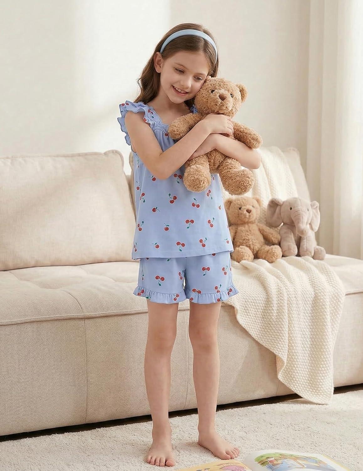 image:imageArshiner Girls Pajamas Ruffle Tank Top and Shorts Sets Soft Cute 2 Piece Sleepwear for KidsBlue Cherry