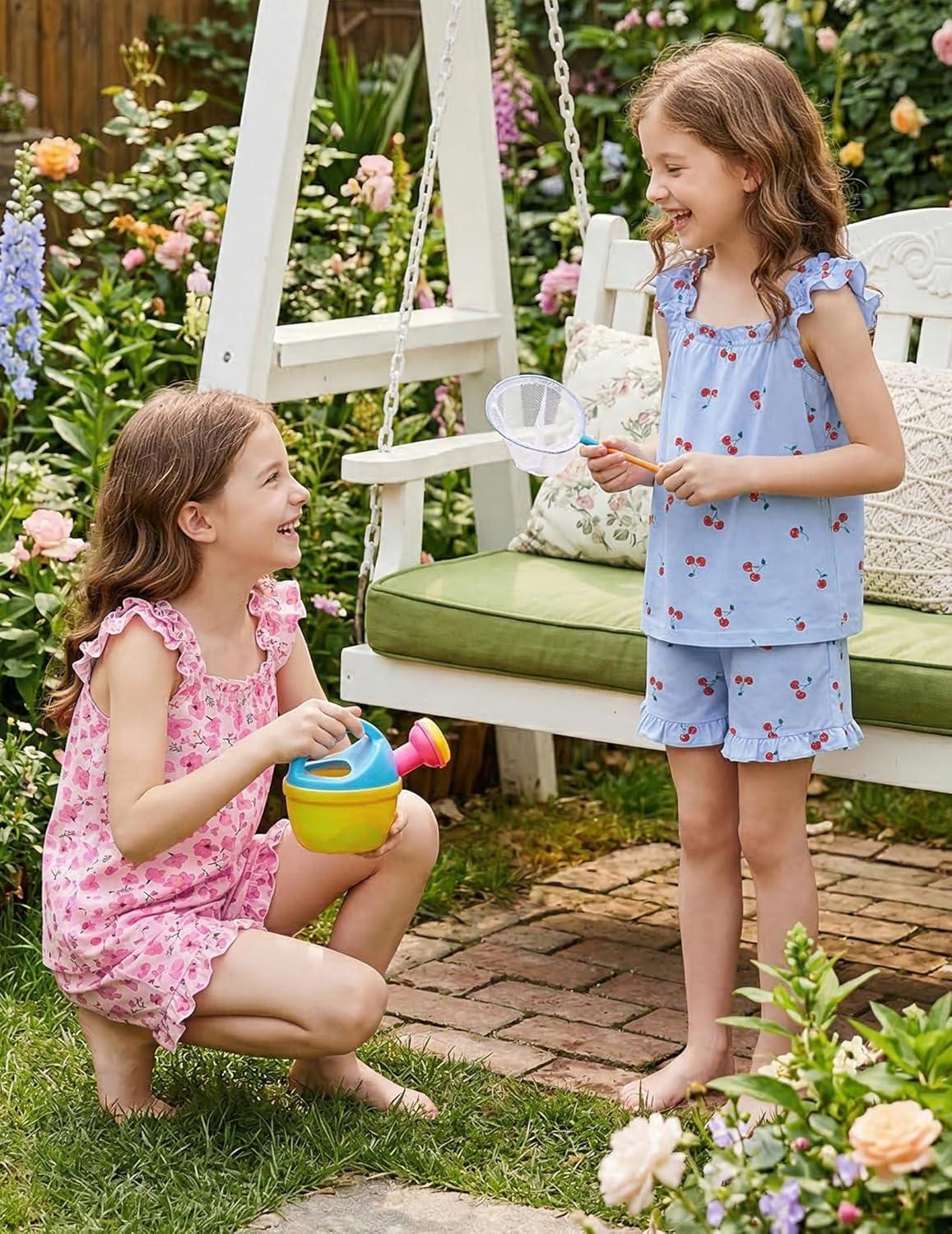image:imageArshiner Girls Pajamas Ruffle Tank Top and Shorts Sets Soft Cute 2 Piece Sleepwear for KidsBlue Cherry