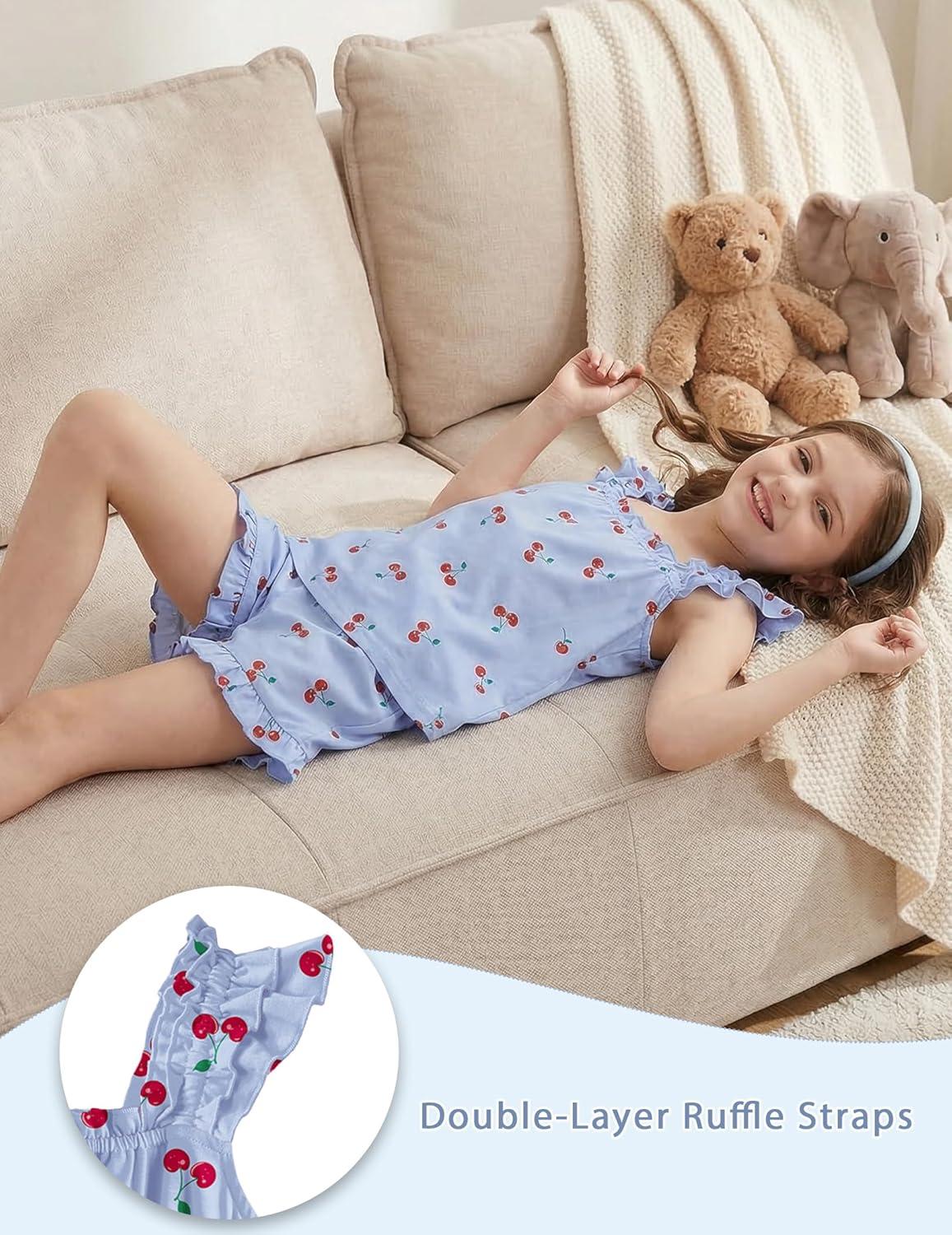 image:imageArshiner Girls Pajamas Ruffle Tank Top and Shorts Sets Soft Cute 2 Piece Sleepwear for KidsBlue Cherry