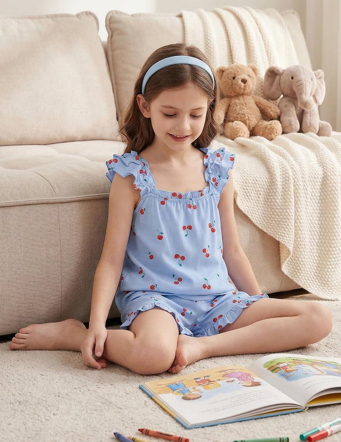 image:imageArshiner Girls Pajamas Ruffle Tank Top and Shorts Sets Soft Cute 2 Piece Sleepwear for KidsBlue Cherry