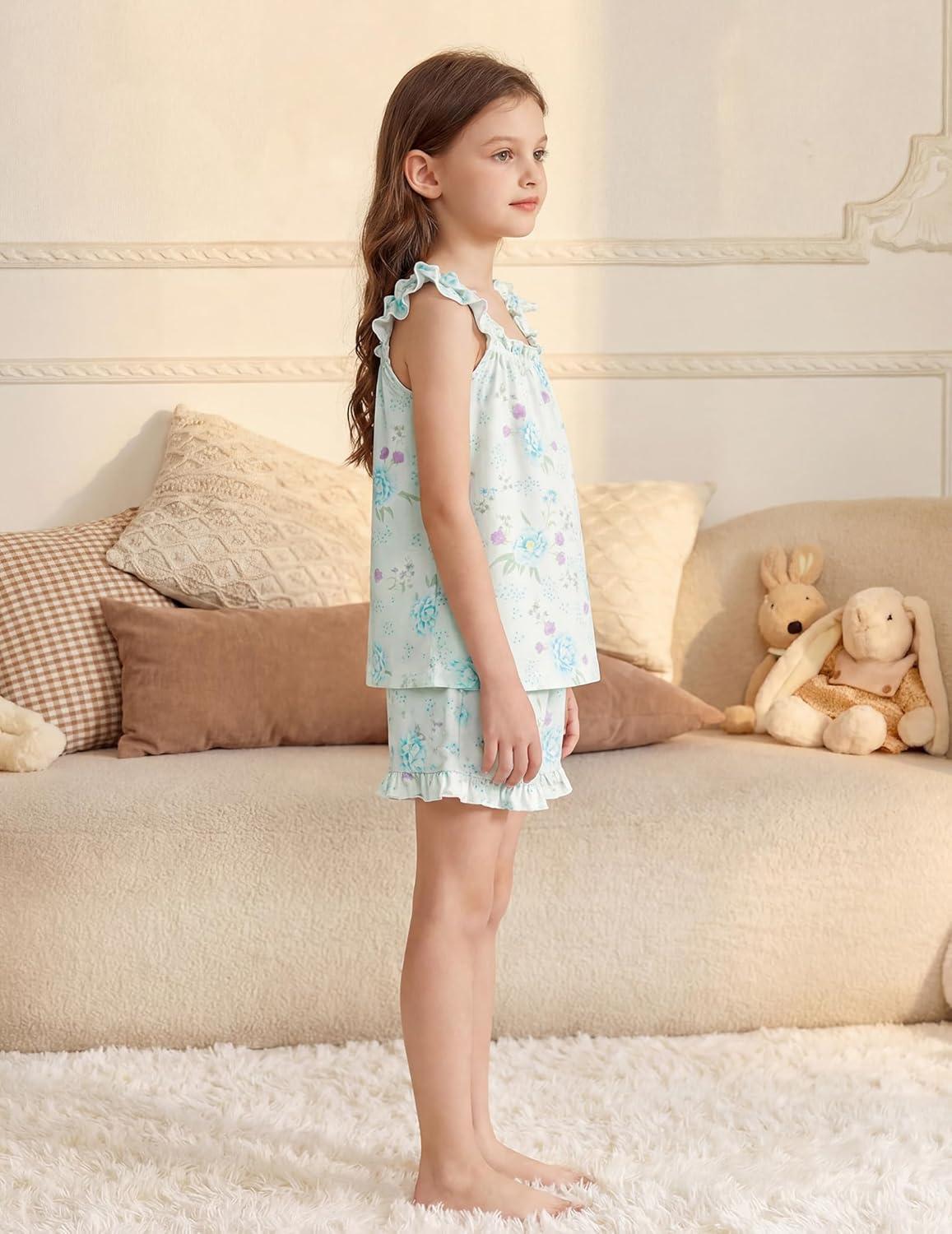 image:imageArshiner Girls Pajamas Ruffle Tank Top and Shorts Sets Soft Cute 2 Piece Sleepwear for KidsBlue Flowers