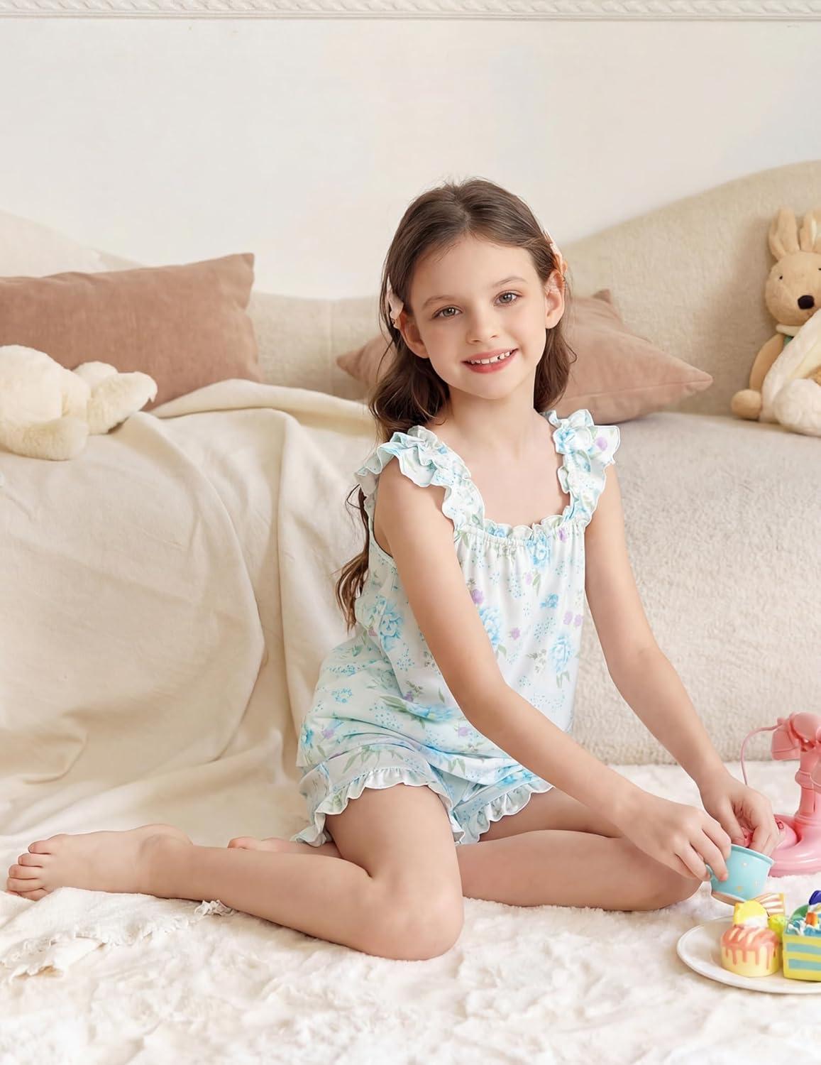 image:imageArshiner Girls Pajamas Ruffle Tank Top and Shorts Sets Soft Cute 2 Piece Sleepwear for KidsBlue Flowers