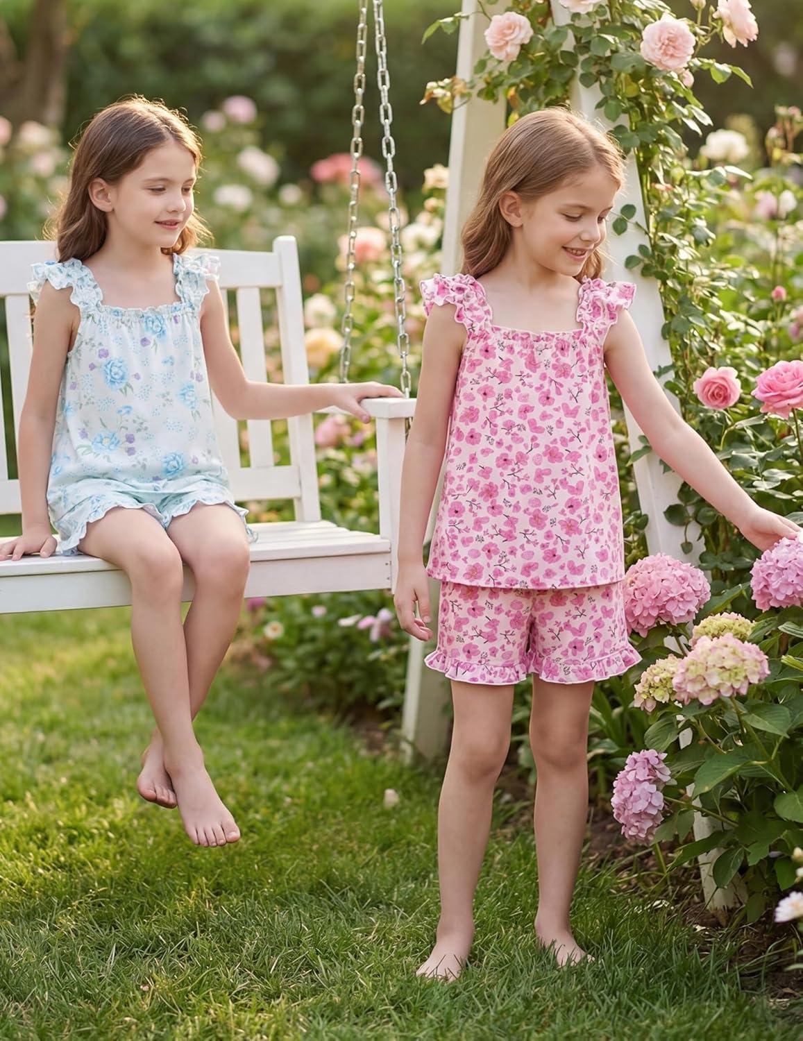 image:imageArshiner Girls Pajamas Ruffle Tank Top and Shorts Sets Soft Cute 2 Piece Sleepwear for KidsBlue Flowers