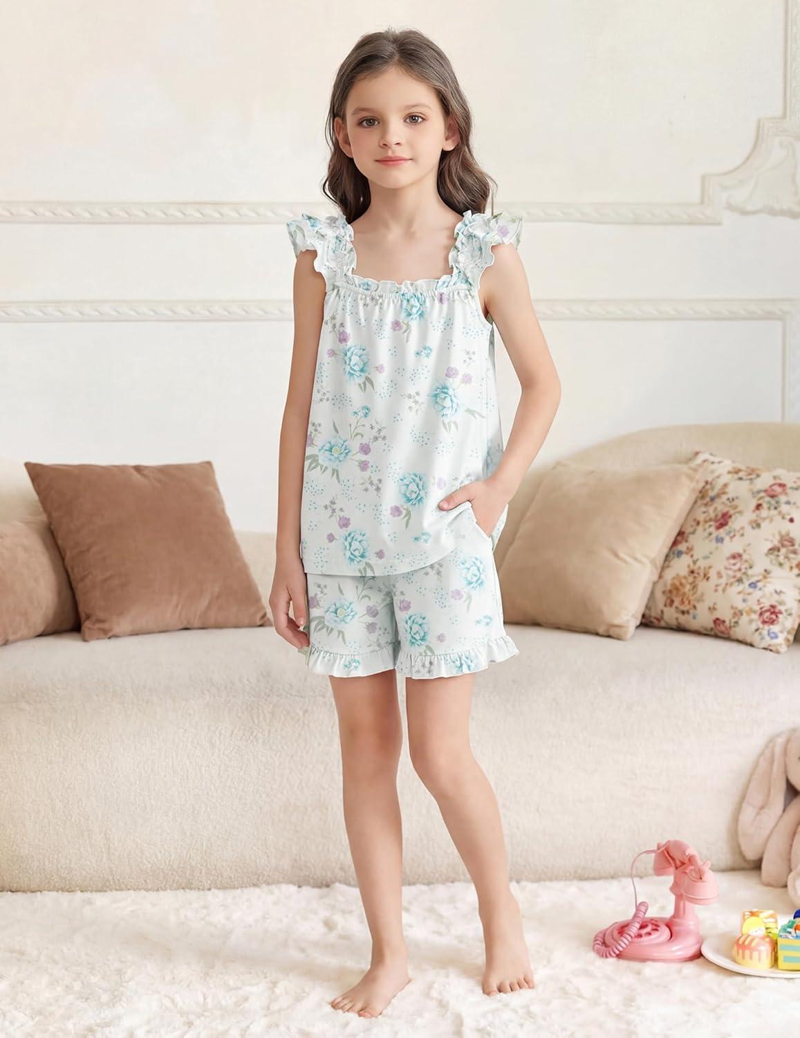 image:imageArshiner Girls Pajamas Ruffle Tank Top and Shorts Sets Soft Cute 2 Piece Sleepwear for KidsBlue Flowers