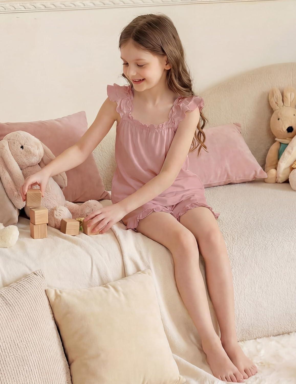 image:imageArshiner Girls Pajamas Ruffle Tank Top and Shorts Sets Soft Cute 2 Piece Sleepwear for KidsLotus Root Pink