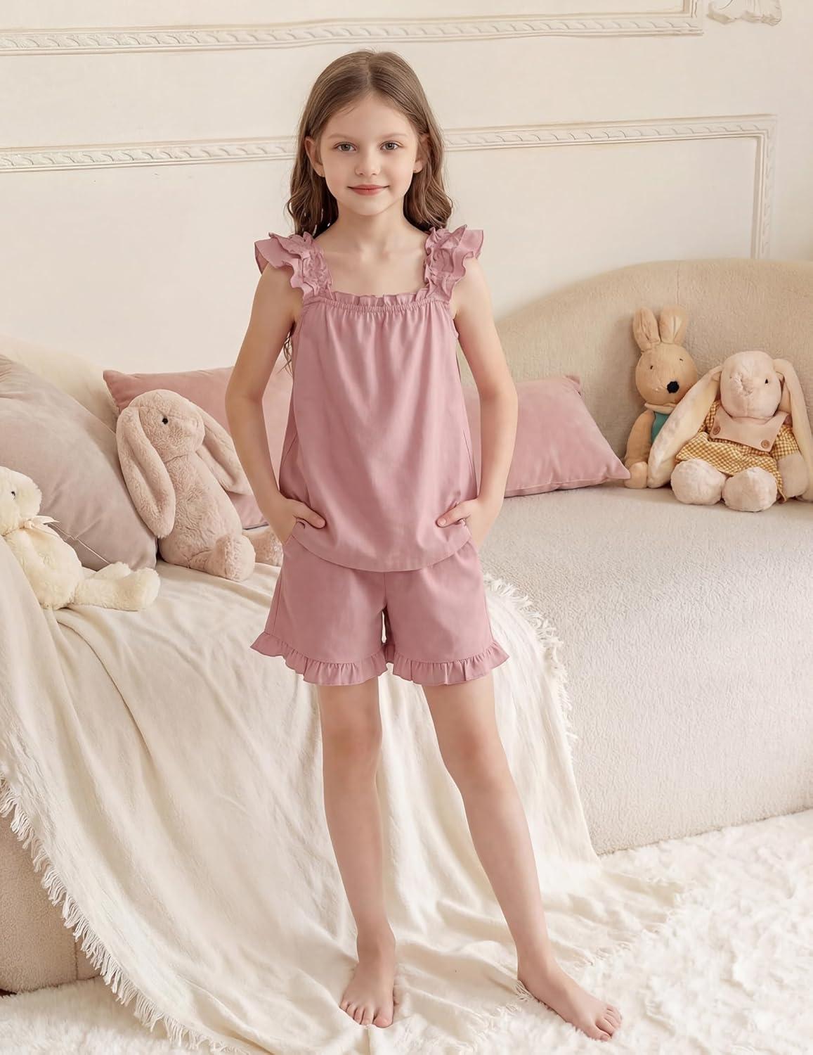 image:imageArshiner Girls Pajamas Ruffle Tank Top and Shorts Sets Soft Cute 2 Piece Sleepwear for KidsLotus Root Pink