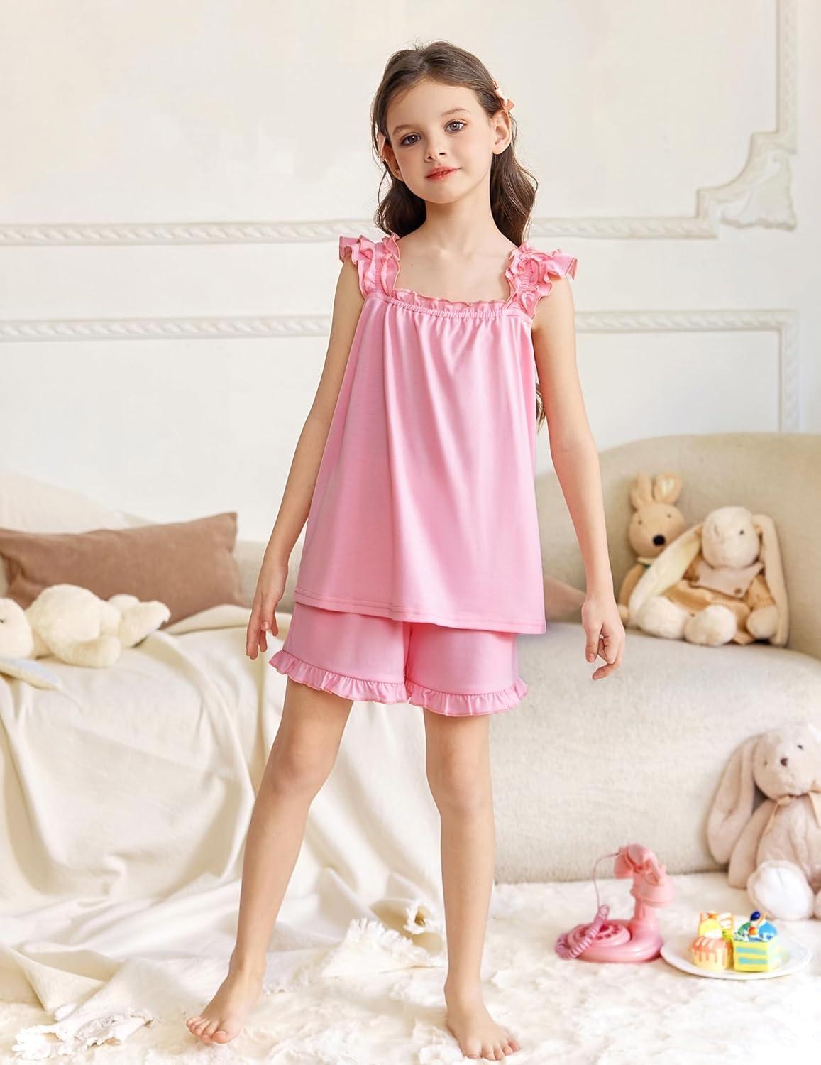 image:imageArshiner Girls Pajamas Ruffle Tank Top and Shorts Sets Soft Cute 2 Piece Sleepwear for KidsPink