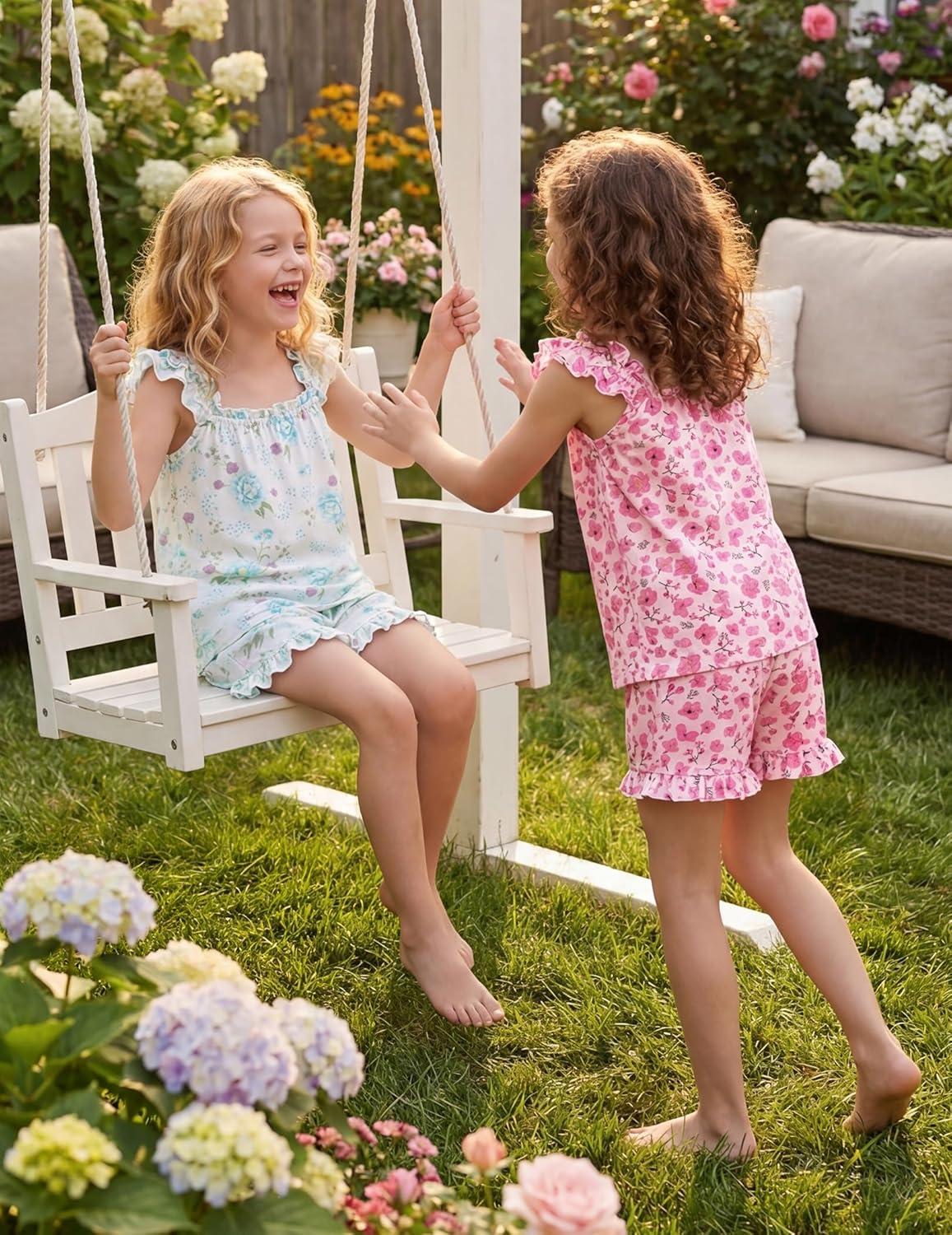 image:imageArshiner Girls Pajamas Ruffle Tank Top and Shorts Sets Soft Cute 2 Piece Sleepwear for KidsPink Flowers