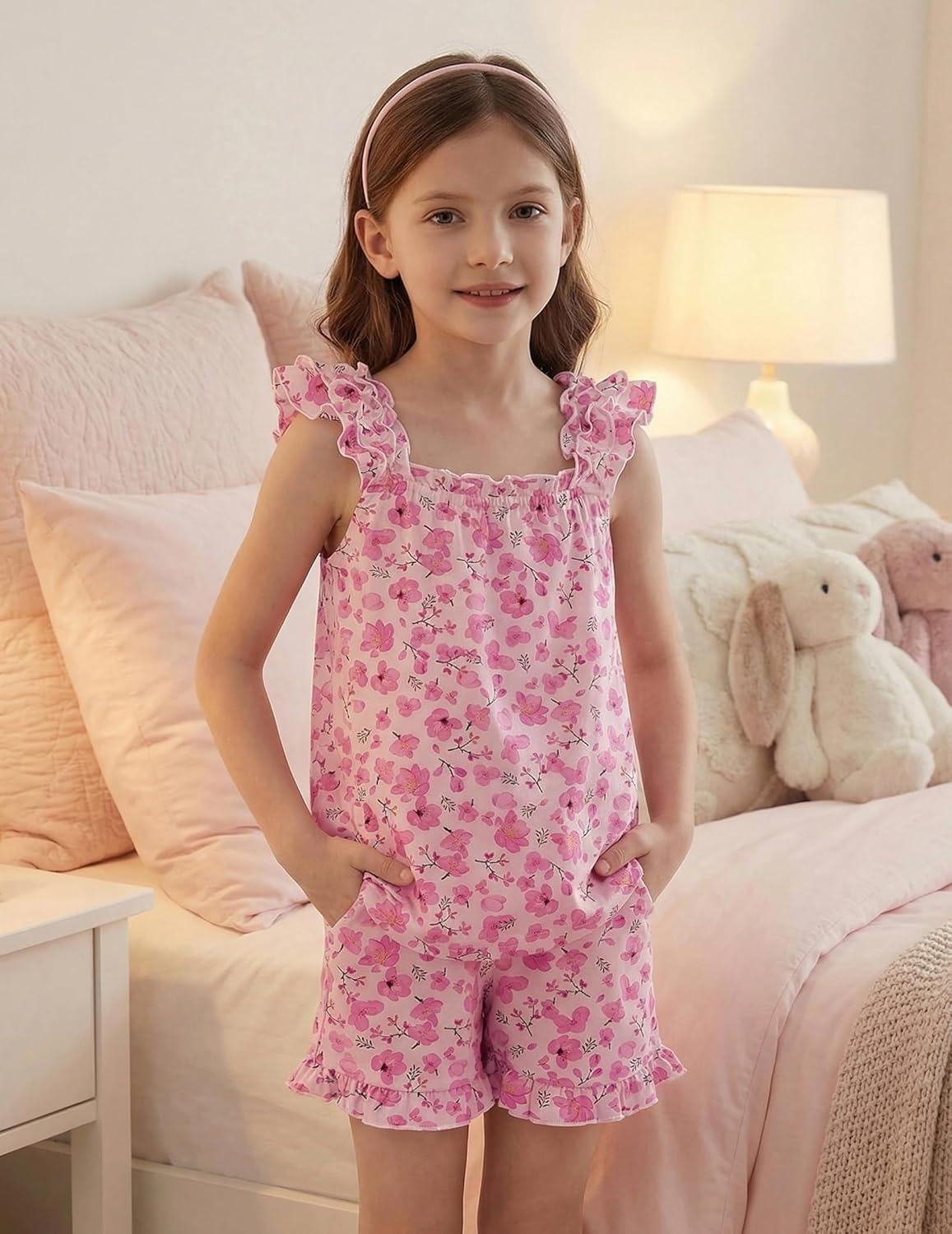 image:imageArshiner Girls Pajamas Ruffle Tank Top and Shorts Sets Soft Cute 2 Piece Sleepwear for KidsPink Flowers