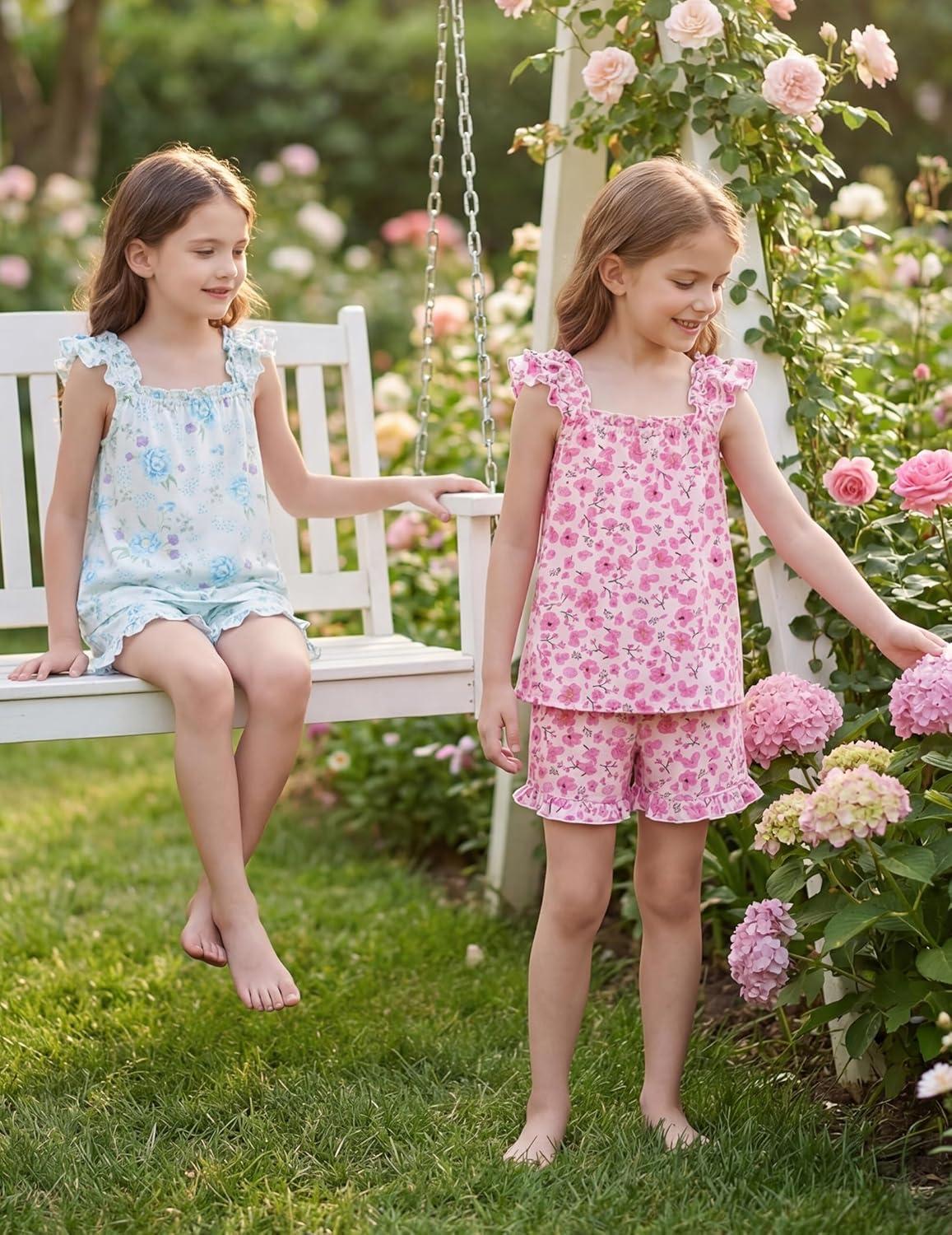 image:imageArshiner Girls Pajamas Ruffle Tank Top and Shorts Sets Soft Cute 2 Piece Sleepwear for KidsPink Flowers
