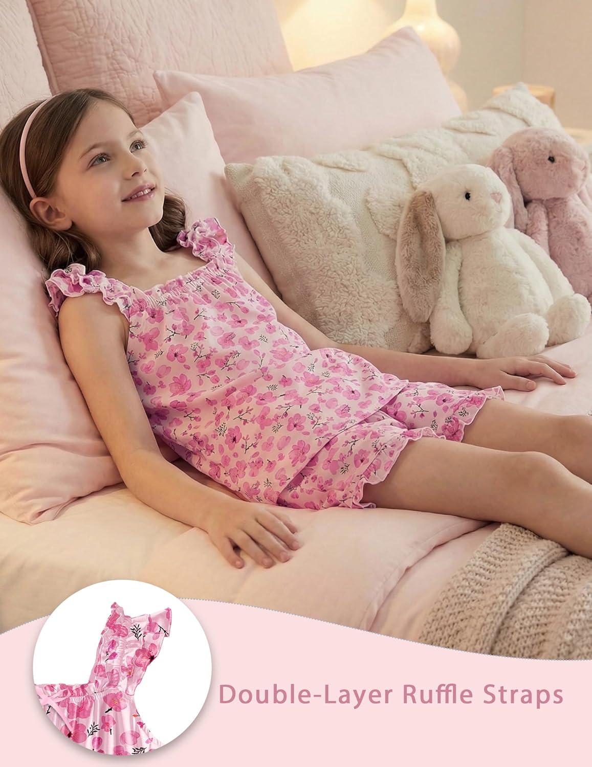 image:imageArshiner Girls Pajamas Ruffle Tank Top and Shorts Sets Soft Cute 2 Piece Sleepwear for KidsPink Flowers