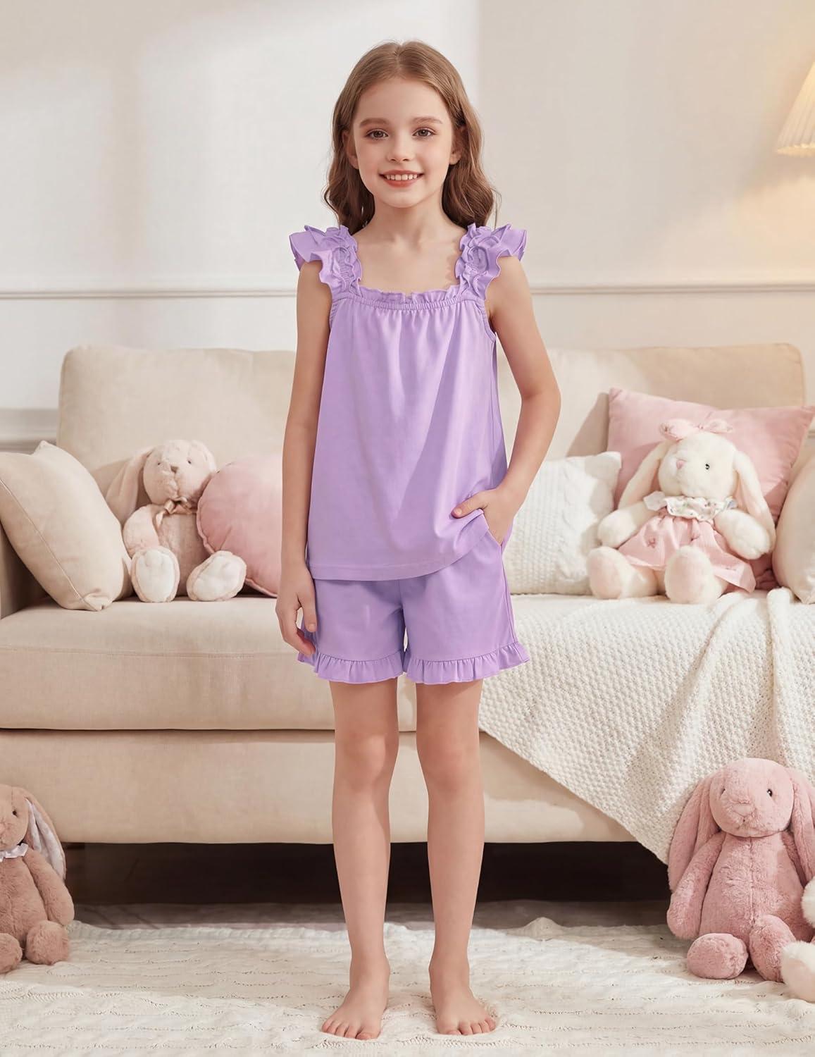 image:imageArshiner Girls Pajamas Ruffle Tank Top and Shorts Sets Soft Cute 2 Piece Sleepwear for KidsPurple
