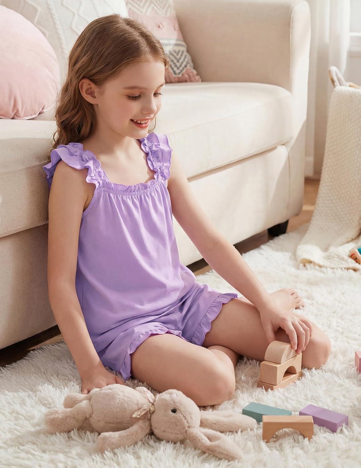 image:imageArshiner Girls Pajamas Ruffle Tank Top and Shorts Sets Soft Cute 2 Piece Sleepwear for KidsPurple