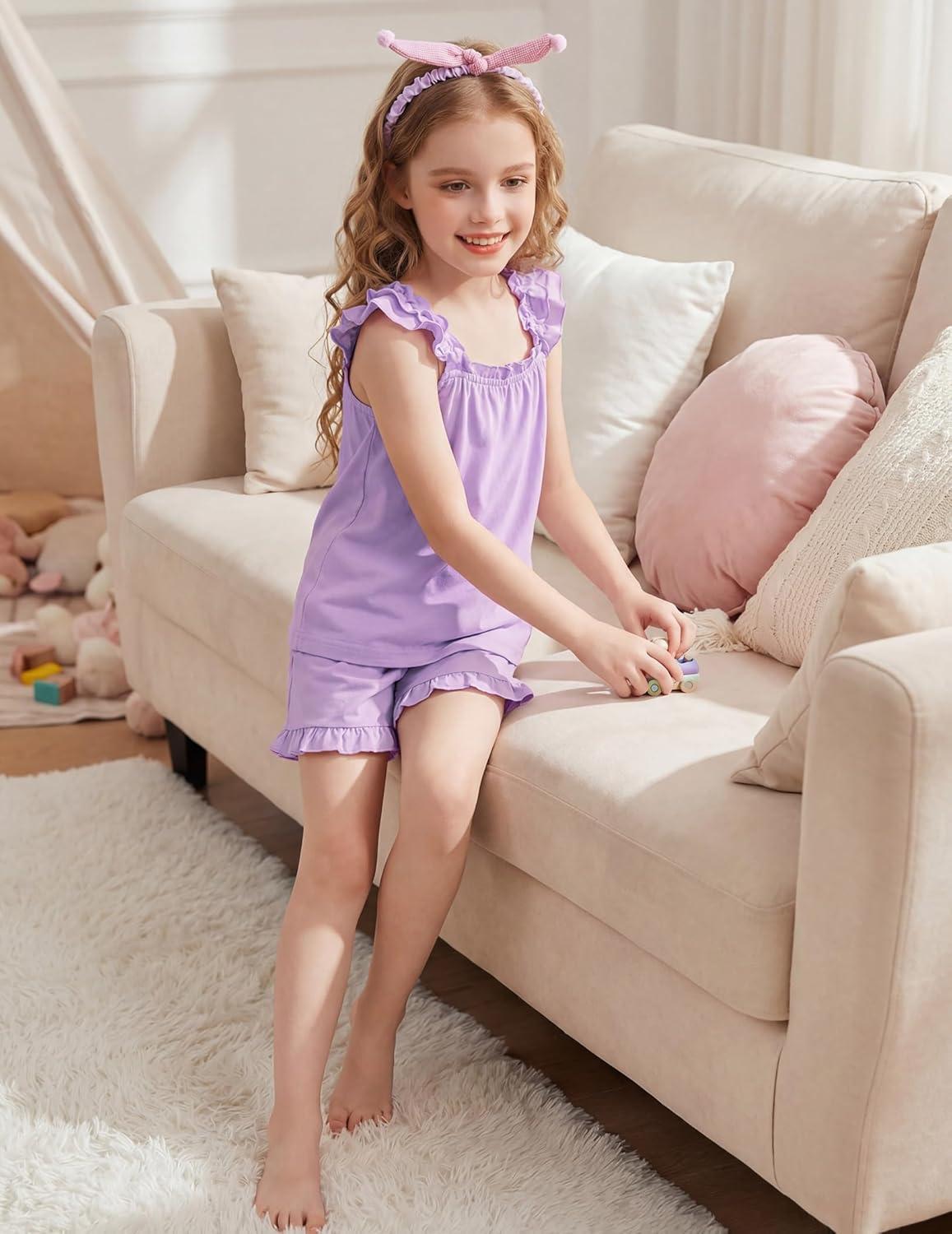 image:imageArshiner Girls Pajamas Ruffle Tank Top and Shorts Sets Soft Cute 2 Piece Sleepwear for KidsPurple