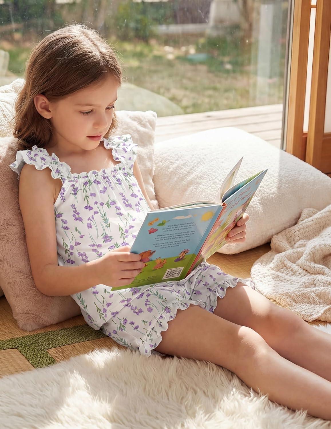 image:imageArshiner Girls Pajamas Ruffle Tank Top and Shorts Sets Soft Cute 2 Piece Sleepwear for KidsPurple Flowers