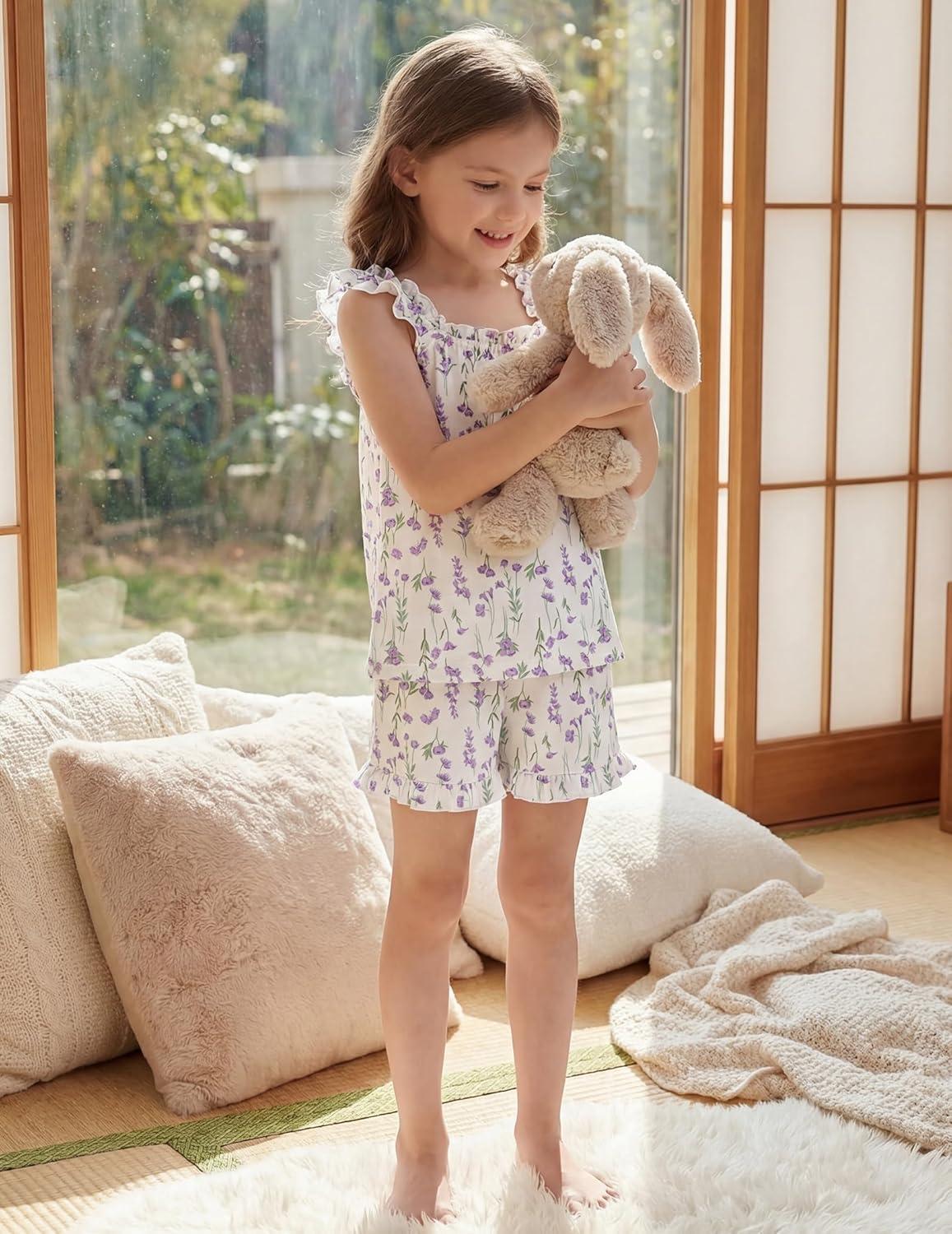 image:imageArshiner Girls Pajamas Ruffle Tank Top and Shorts Sets Soft Cute 2 Piece Sleepwear for KidsPurple Flowers