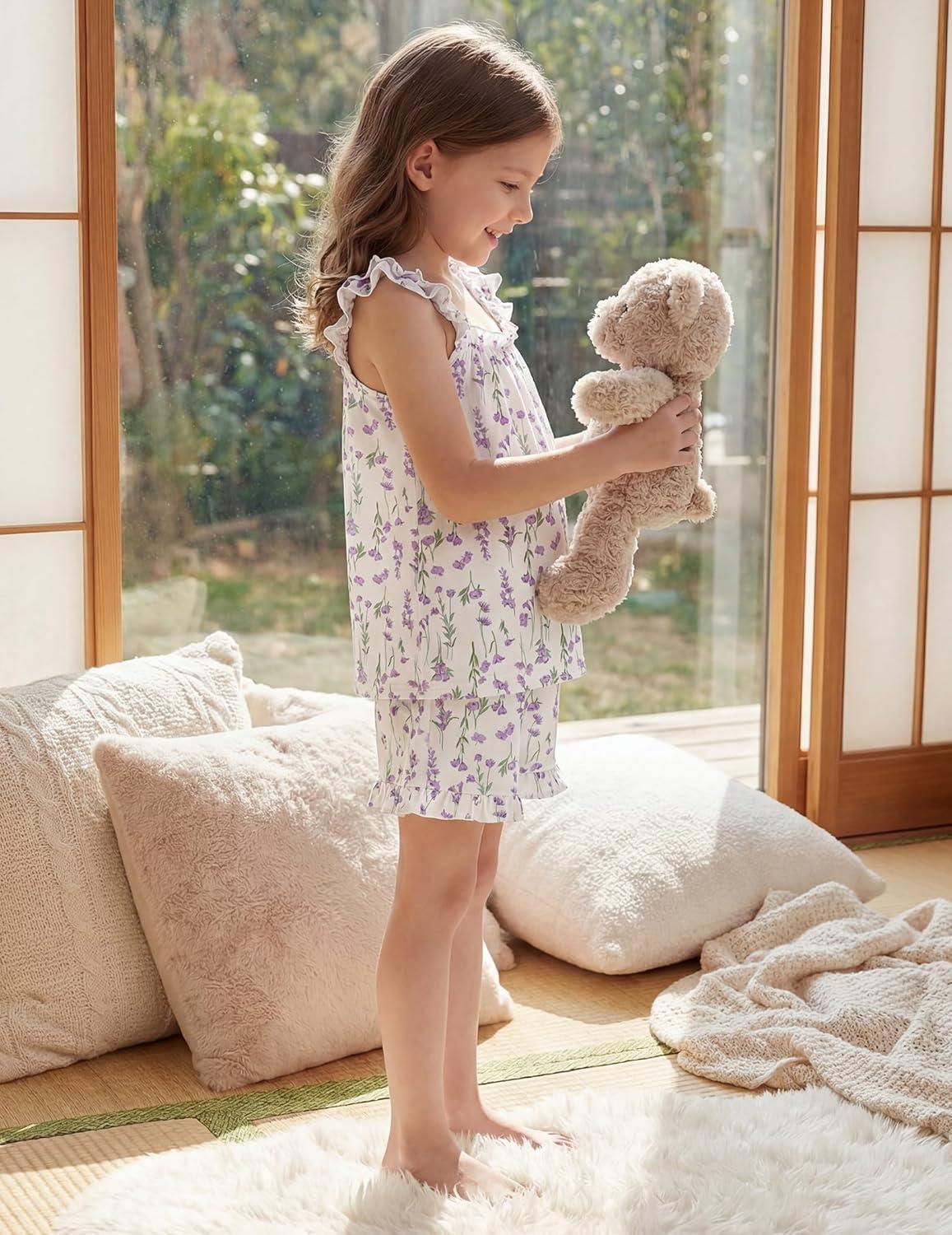 image:imageArshiner Girls Pajamas Ruffle Tank Top and Shorts Sets Soft Cute 2 Piece Sleepwear for KidsPurple Flowers
