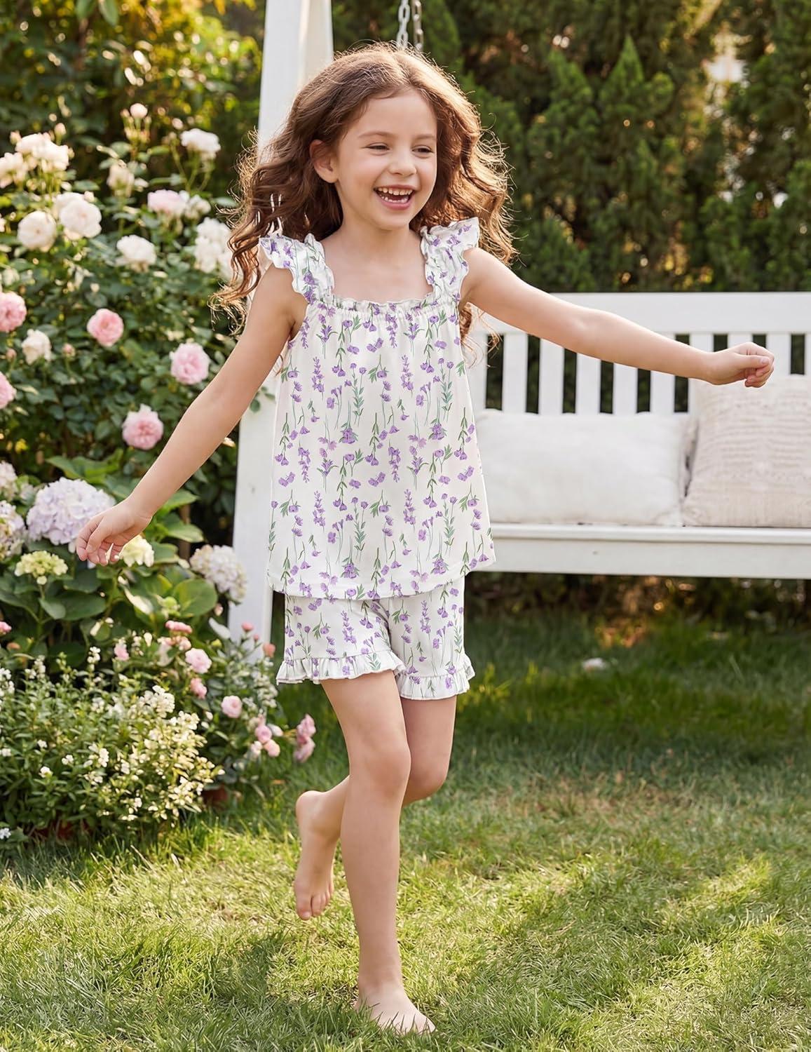 image:imageArshiner Girls Pajamas Ruffle Tank Top and Shorts Sets Soft Cute 2 Piece Sleepwear for KidsPurple Flowers