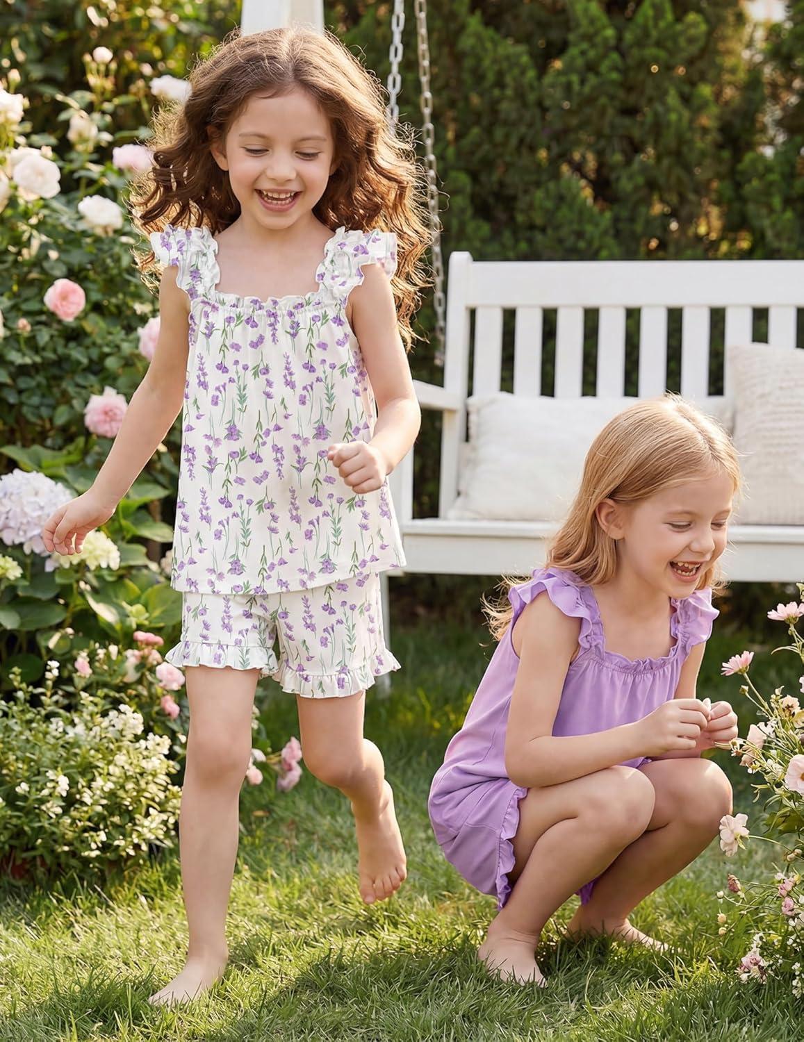 image:imageArshiner Girls Pajamas Ruffle Tank Top and Shorts Sets Soft Cute 2 Piece Sleepwear for KidsPurple Flowers