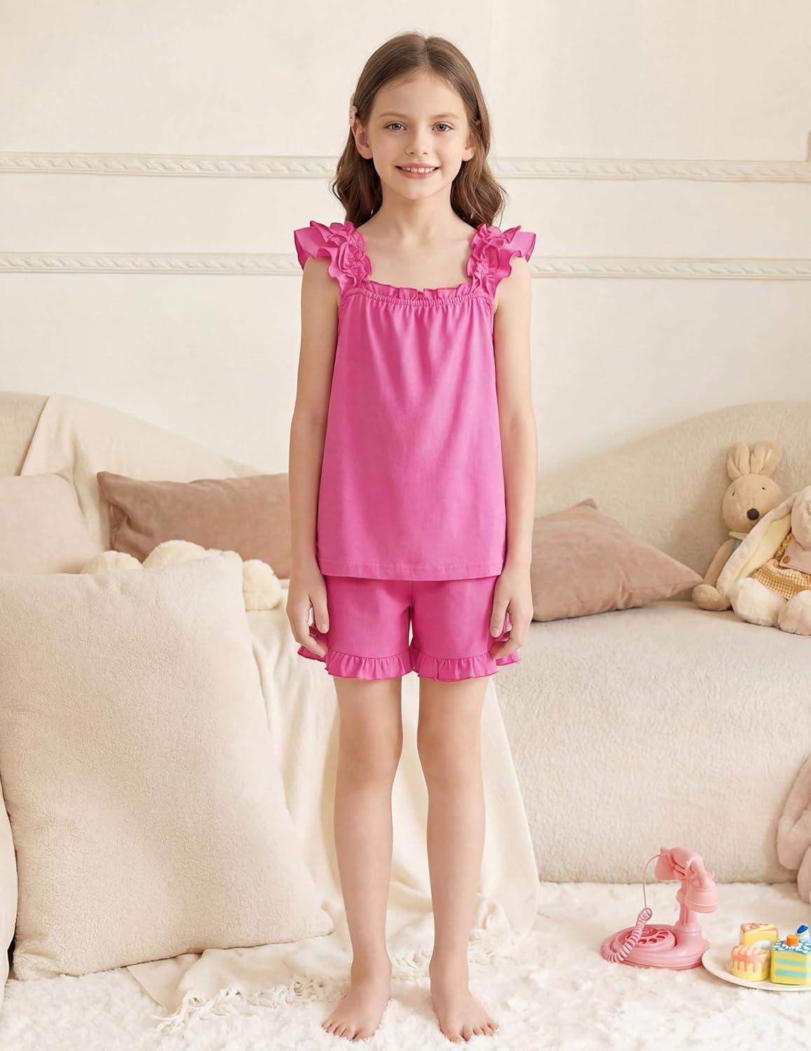 image:imageArshiner Girls Pajamas Ruffle Tank Top and Shorts Sets Soft Cute 2 Piece Sleepwear for KidsRose Red