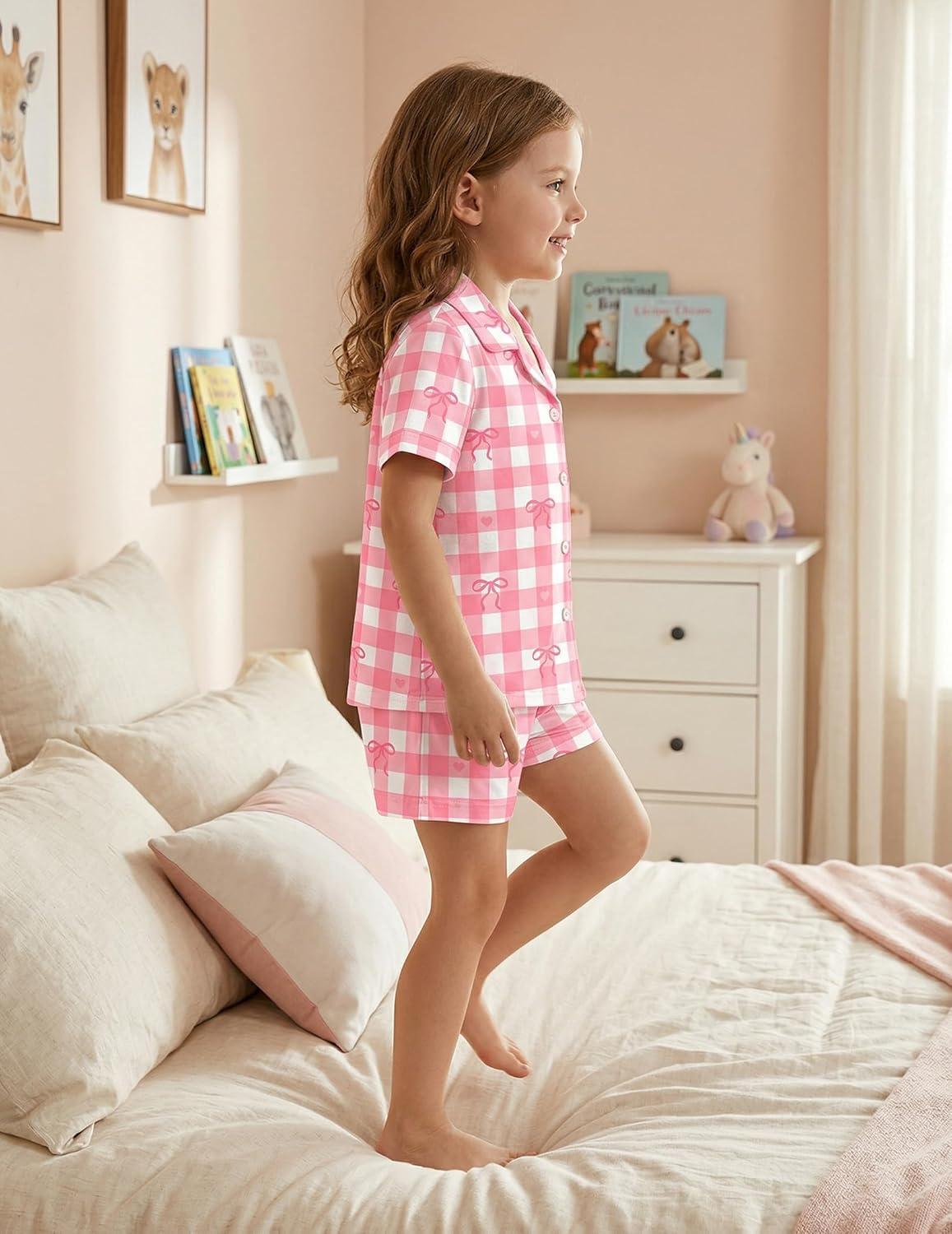 image:imageArshiner Girls Pajamas Summer Outfit Kids Shorts Sets Button Down Loungewear PjsPink Plaid Bow