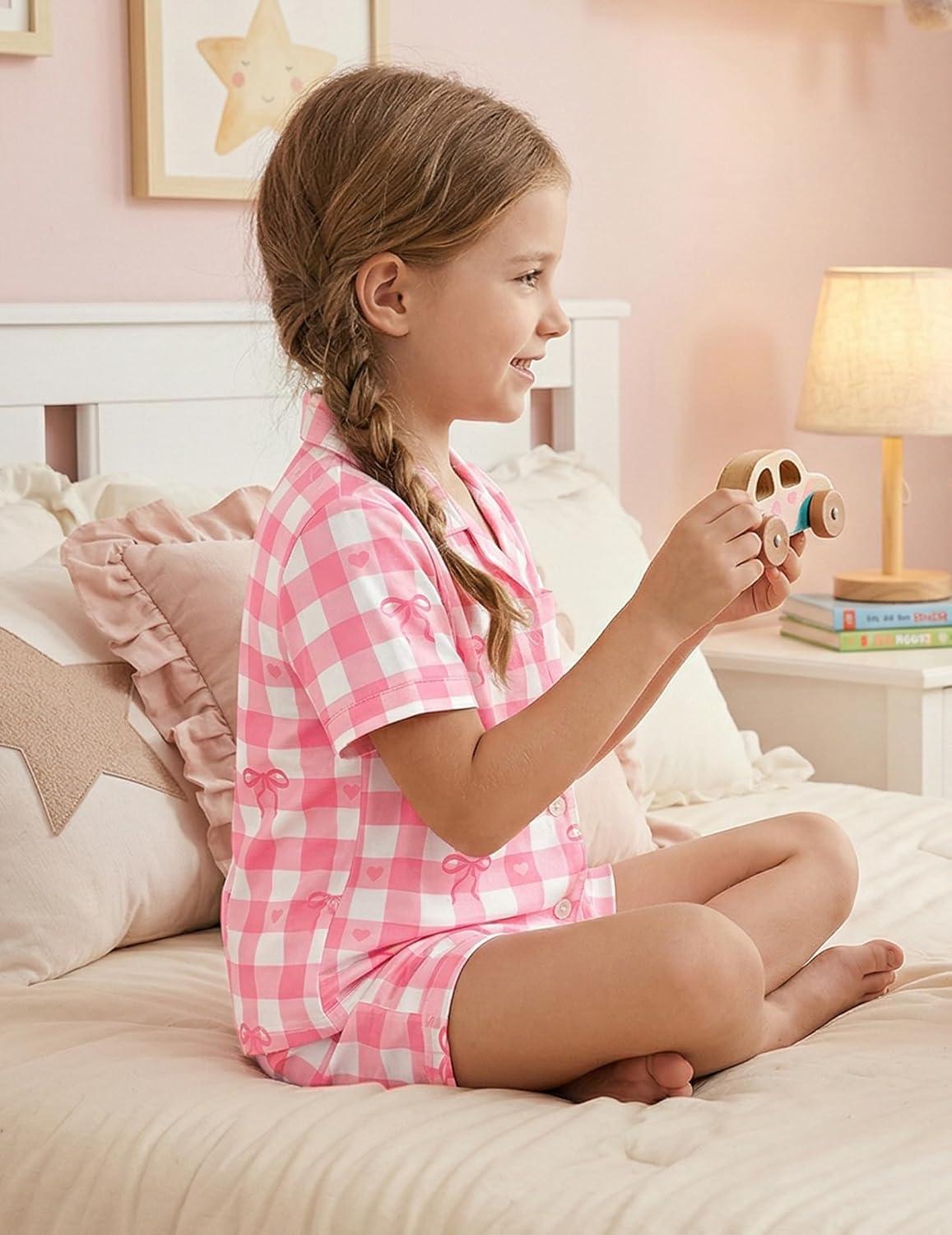 image:imageArshiner Girls Pajamas Summer Outfit Kids Shorts Sets Button Down Loungewear PjsPink Plaid Bow