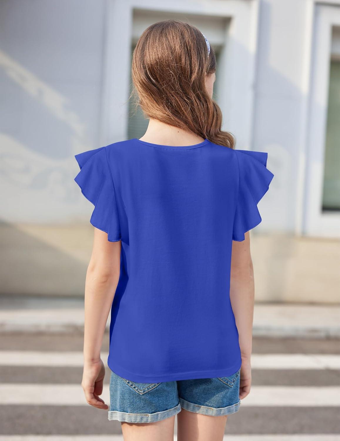 image:imageArshiner Girls Short Sleeve Tee Ruffle Cap Sleeve Hollow Out Crewneck Blouse Shirt Top Blue
