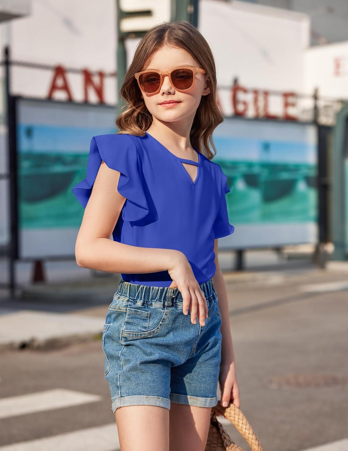 image:imageArshiner Girls Short Sleeve Tee Ruffle Cap Sleeve Hollow Out Crewneck Blouse Shirt Top Blue