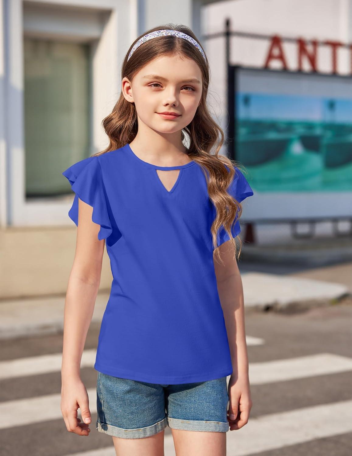 image:imageArshiner Girls Short Sleeve Tee Ruffle Cap Sleeve Hollow Out Crewneck Blouse Shirt Top Blue