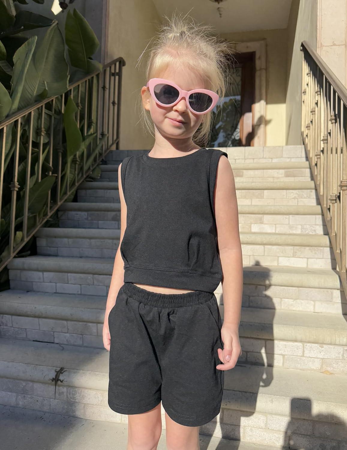 image:imageArshiner Girls Summer Outfits 2 Piece Short Sets Sleeveless Tops and Shorts with Pockets Kids ClothesBlack