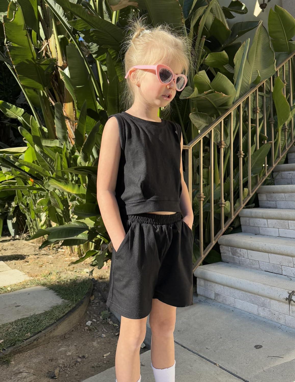 image:imageArshiner Girls Summer Outfits 2 Piece Short Sets Sleeveless Tops and Shorts with Pockets Kids ClothesBlack