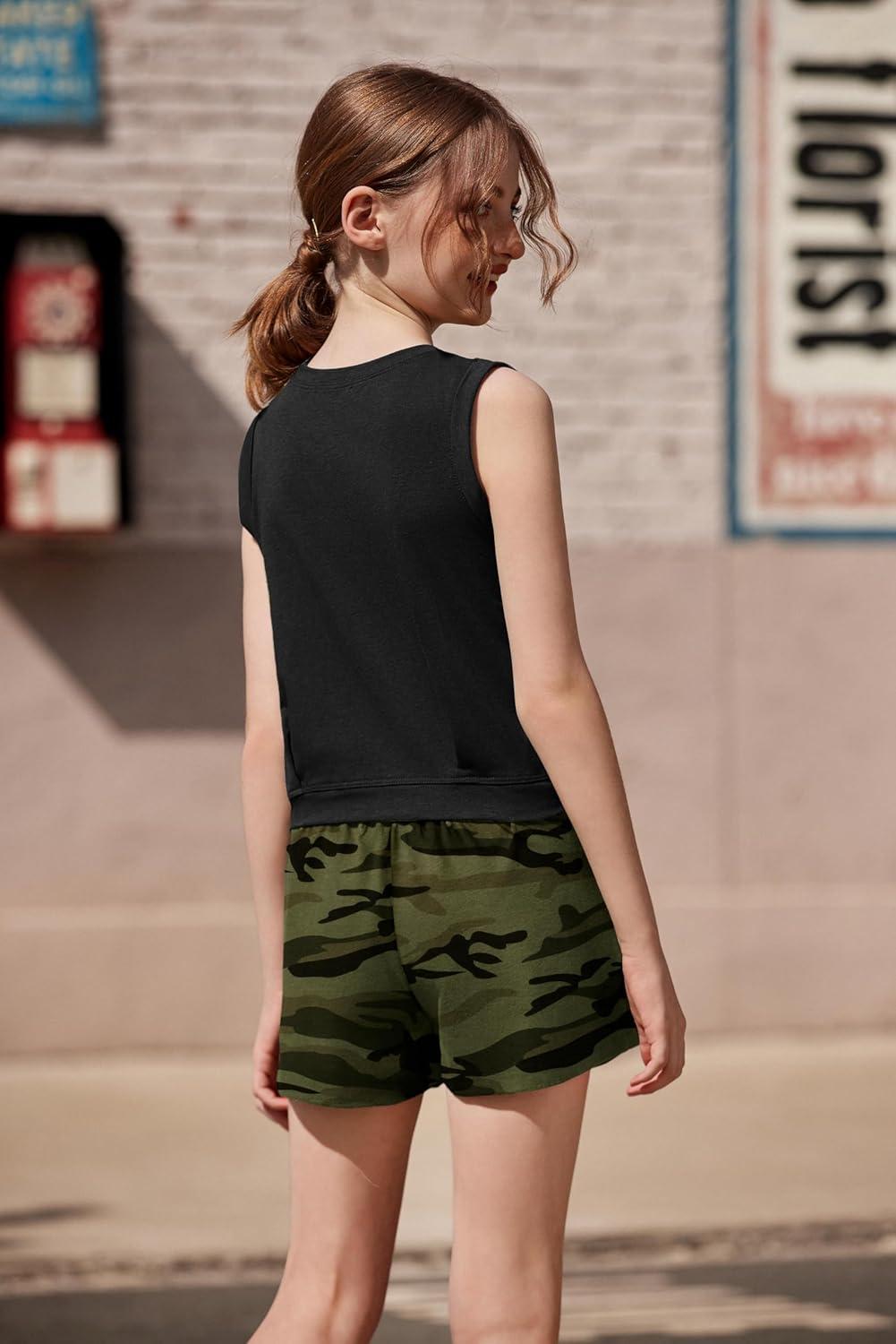 image:imageArshiner Girls Summer Outfits 2 Piece Short Sets Sleeveless Tops and Shorts with Pockets Kids ClothesBlackcamouflage