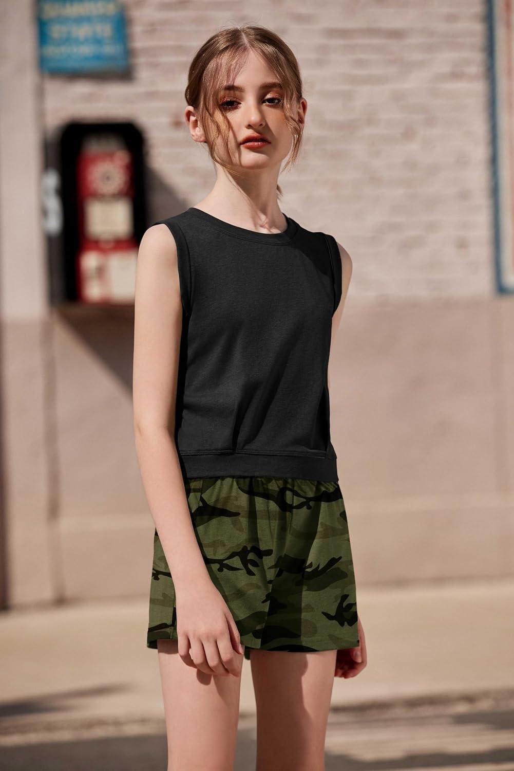 image:imageArshiner Girls Summer Outfits 2 Piece Short Sets Sleeveless Tops and Shorts with Pockets Kids ClothesBlackcamouflage