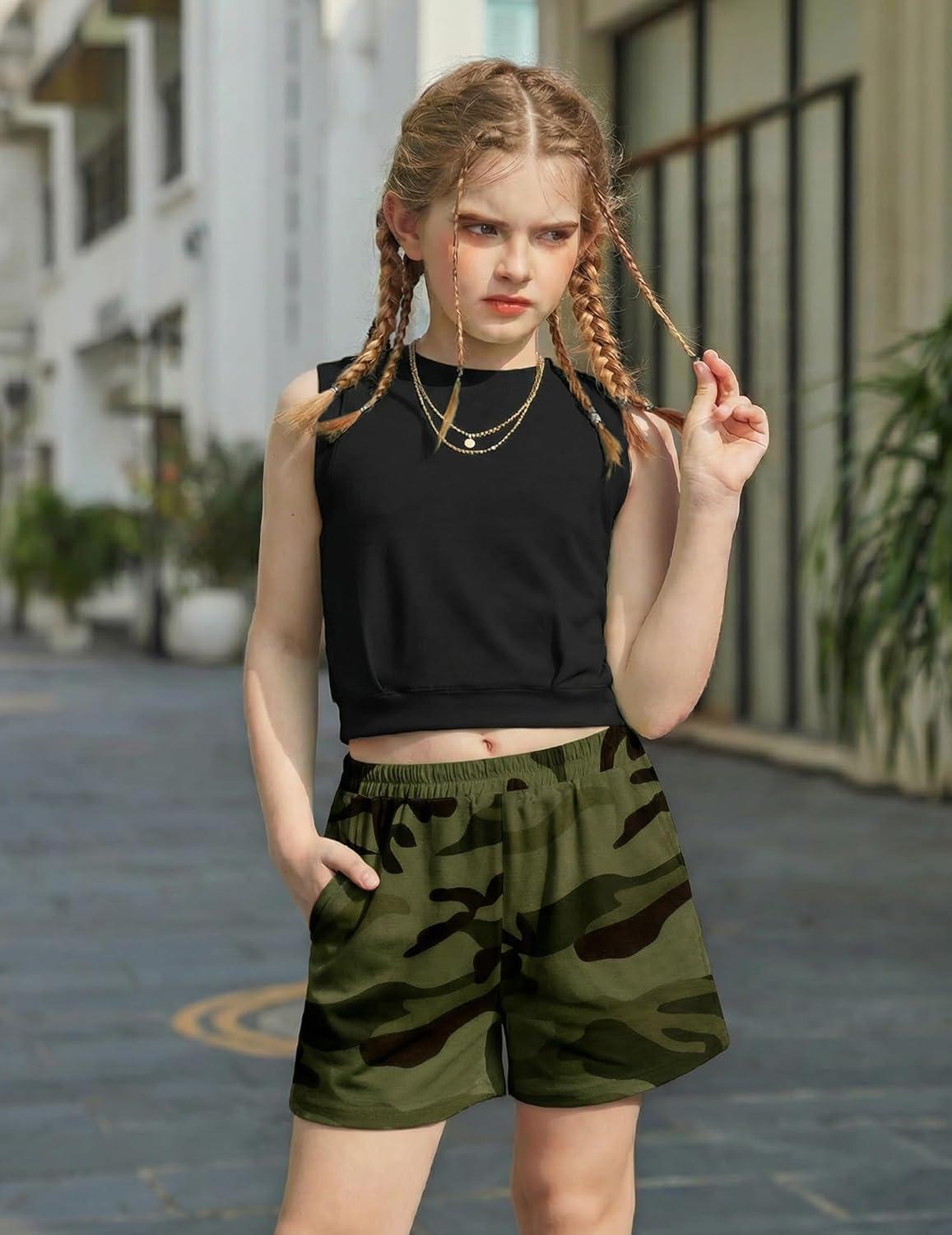 image:imageArshiner Girls Summer Outfits 2 Piece Short Sets Sleeveless Tops and Shorts with Pockets Kids ClothesBlackcamouflage