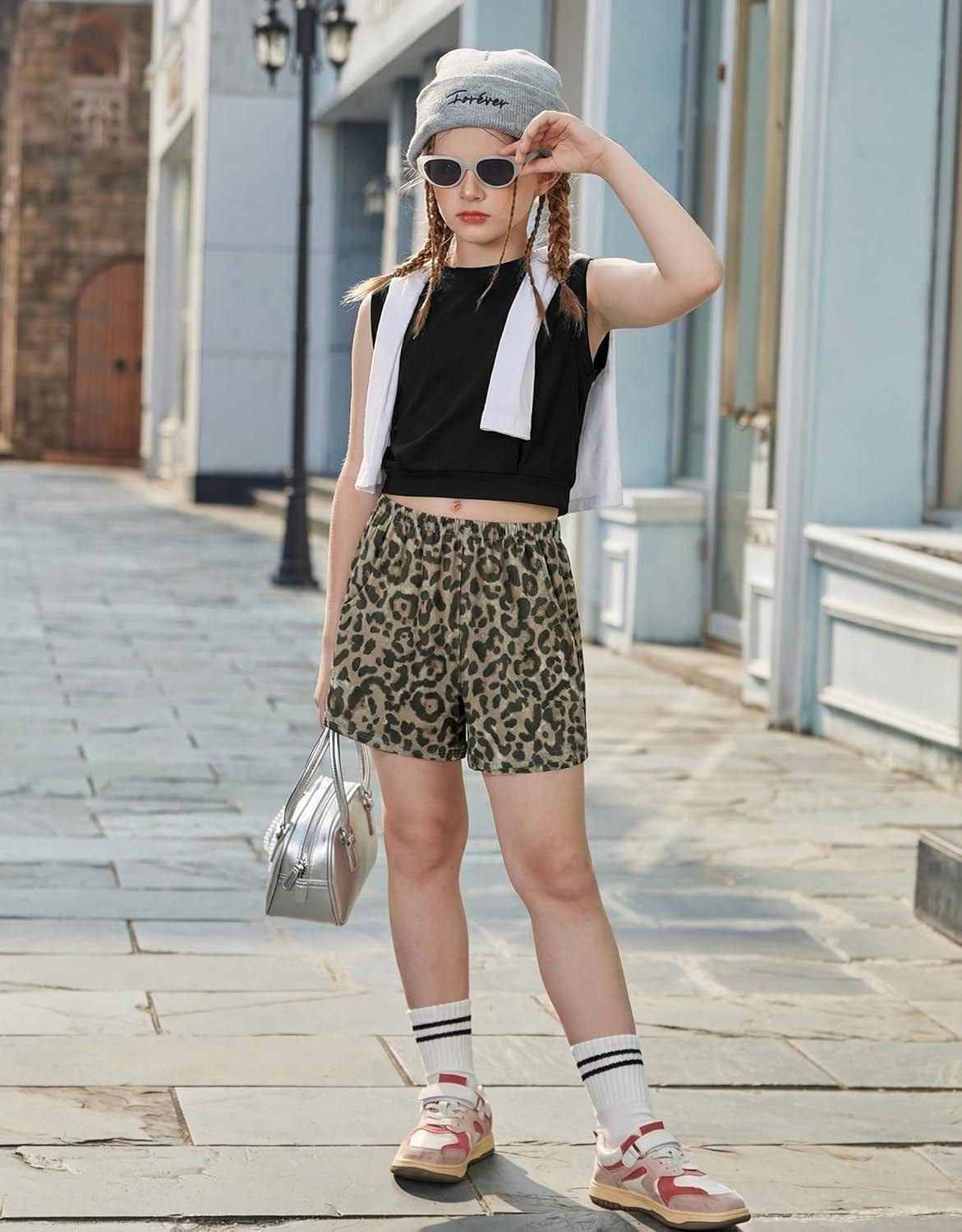 image:imageArshiner Girls Summer Outfits 2 Piece Short Sets Sleeveless Tops and Shorts with Pockets Kids ClothesBlackleopard