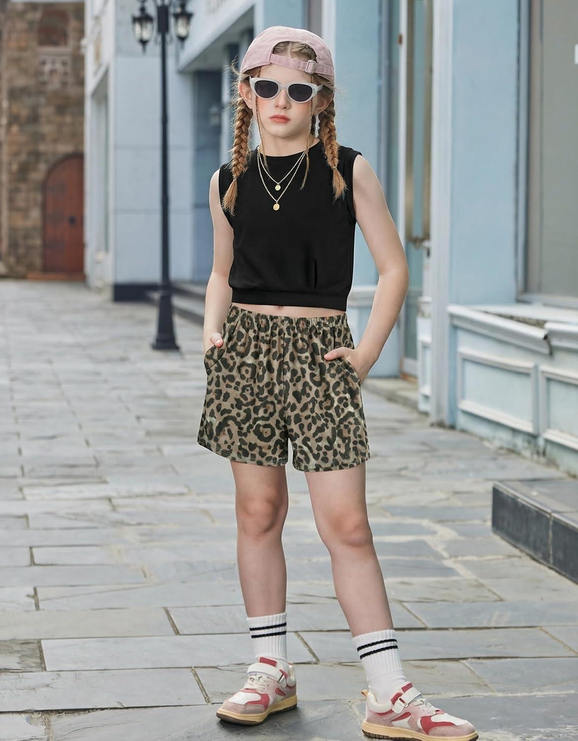 image:imageArshiner Girls Summer Outfits 2 Piece Short Sets Sleeveless Tops and Shorts with Pockets Kids ClothesBlackleopard