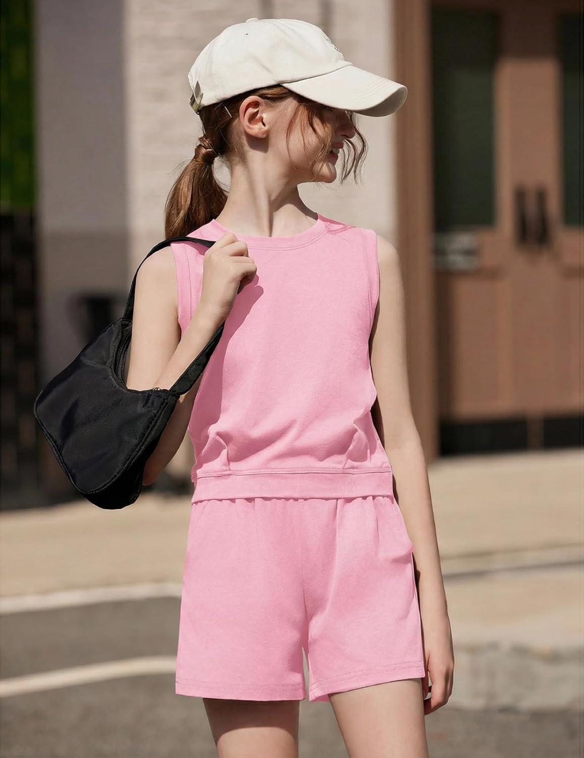 image:imageArshiner Girls Summer Outfits 2 Piece Short Sets Sleeveless Tops and Shorts with Pockets Kids ClothesDark Pink