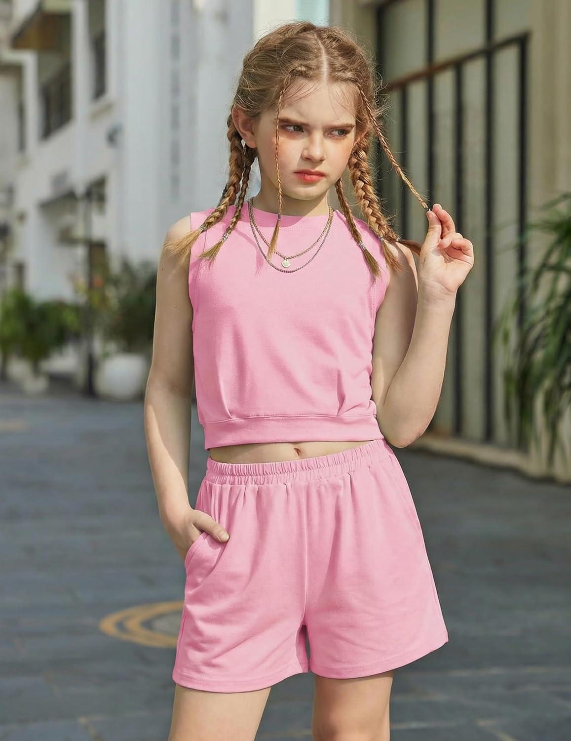 image:imageArshiner Girls Summer Outfits 2 Piece Short Sets Sleeveless Tops and Shorts with Pockets Kids ClothesDark Pink