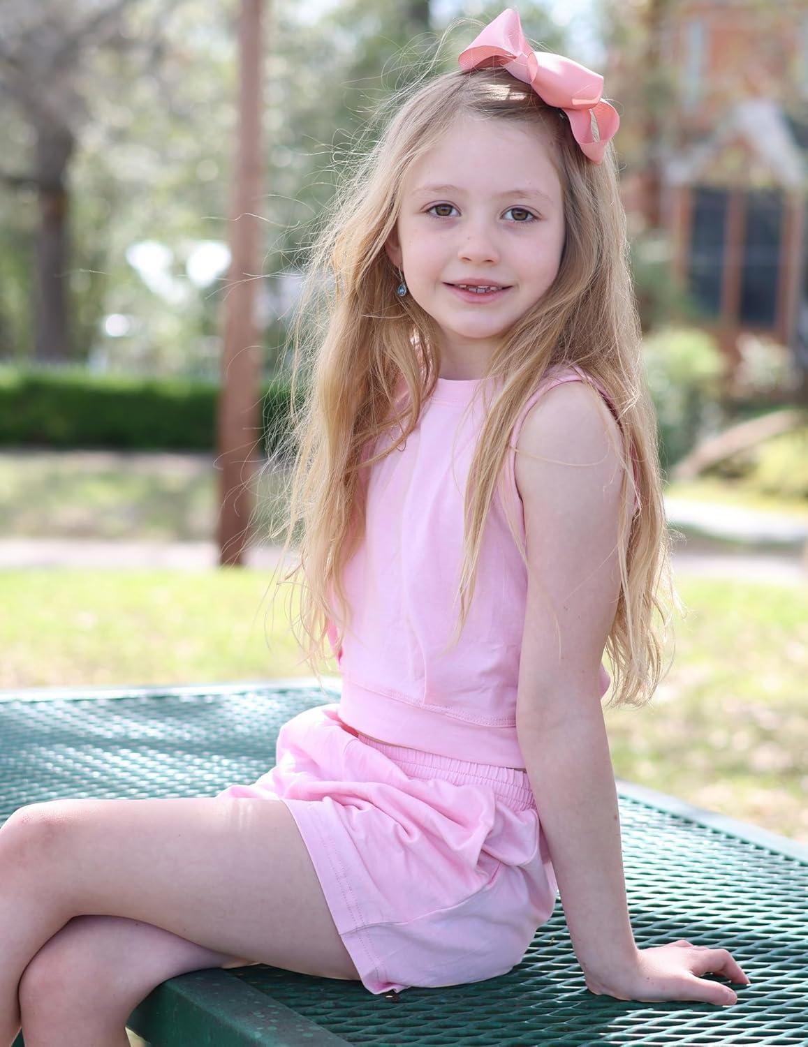 image:imageArshiner Girls Summer Outfits 2 Piece Short Sets Sleeveless Tops and Shorts with Pockets Kids ClothesDark Pink