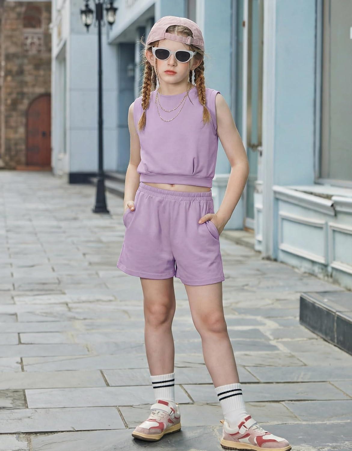 image:imageArshiner Girls Summer Outfits 2 Piece Short Sets Sleeveless Tops and Shorts with Pockets Kids ClothesLight Purple
