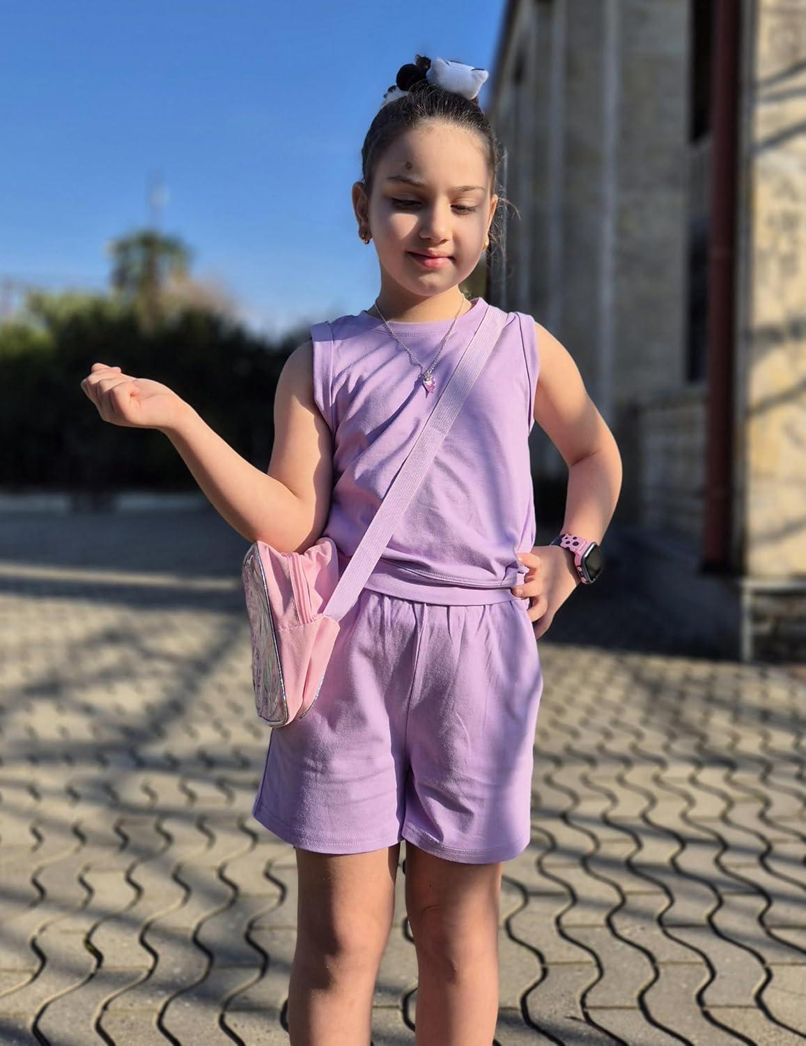 image:imageArshiner Girls Summer Outfits 2 Piece Short Sets Sleeveless Tops and Shorts with Pockets Kids ClothesLight Purple